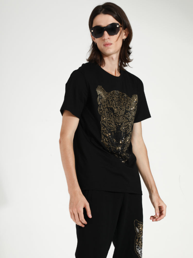 TCH Leopard Printed Diamond-Embedded Black T-shirt
