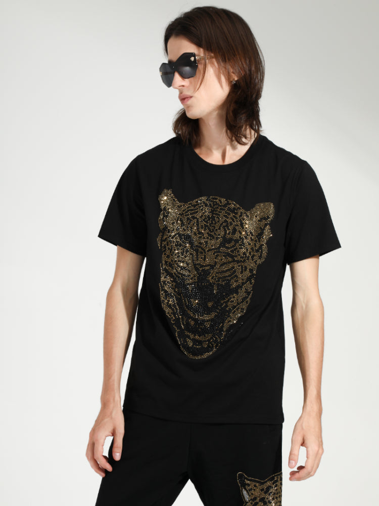TCH Leopard Printed Diamond-Embedded Black T-shirt