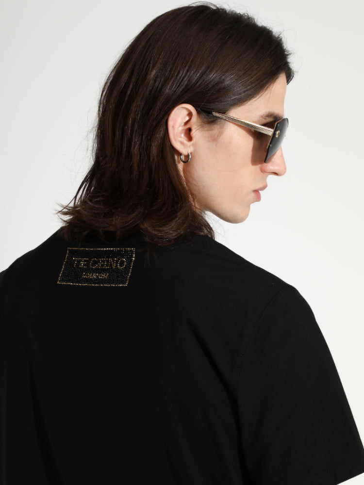 TCH Leopard Printed Diamond-Embedded Black T-shirt