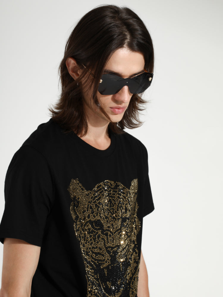 TCH Leopard Printed Diamond-Embedded Black T-shirt