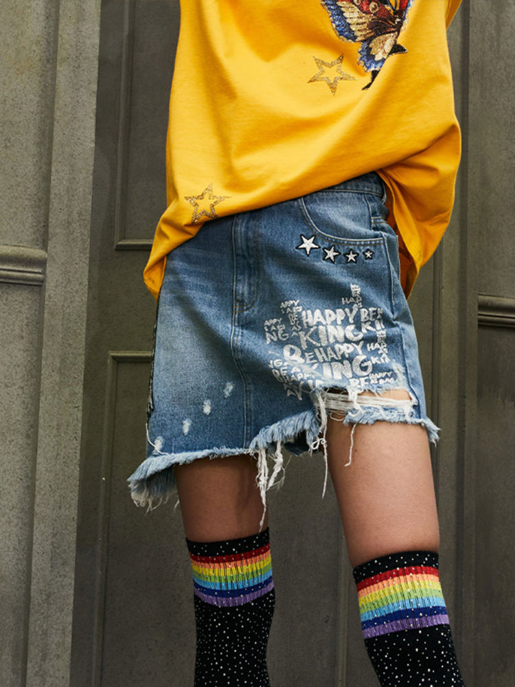 TCH Printed Diamond-Embedded Irregular Skirt
