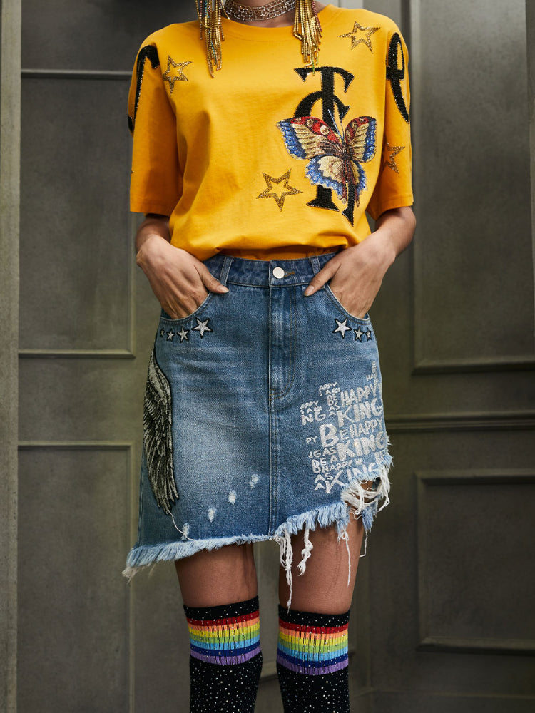 TCH Printed Diamond-Embedded Irregular Skirt
