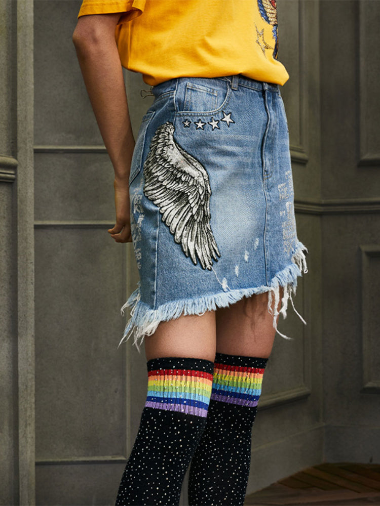 TCH Printed Diamond-Embedded Irregular Skirt