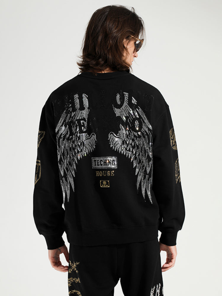 TCH Graphic Rhinestone Cotton Sweatshirt with Angel Wings