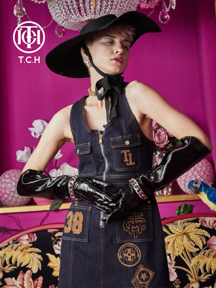 TCH Printed Vintage Sleeveless Denim Dress
