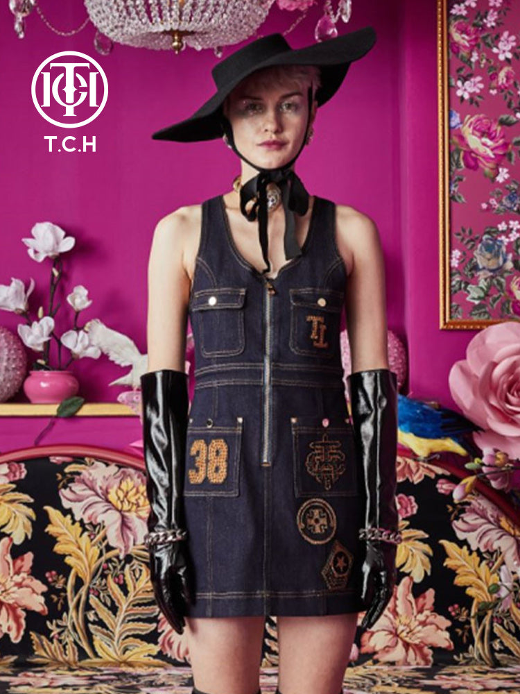 TCH Printed Vintage Sleeveless Denim Dress