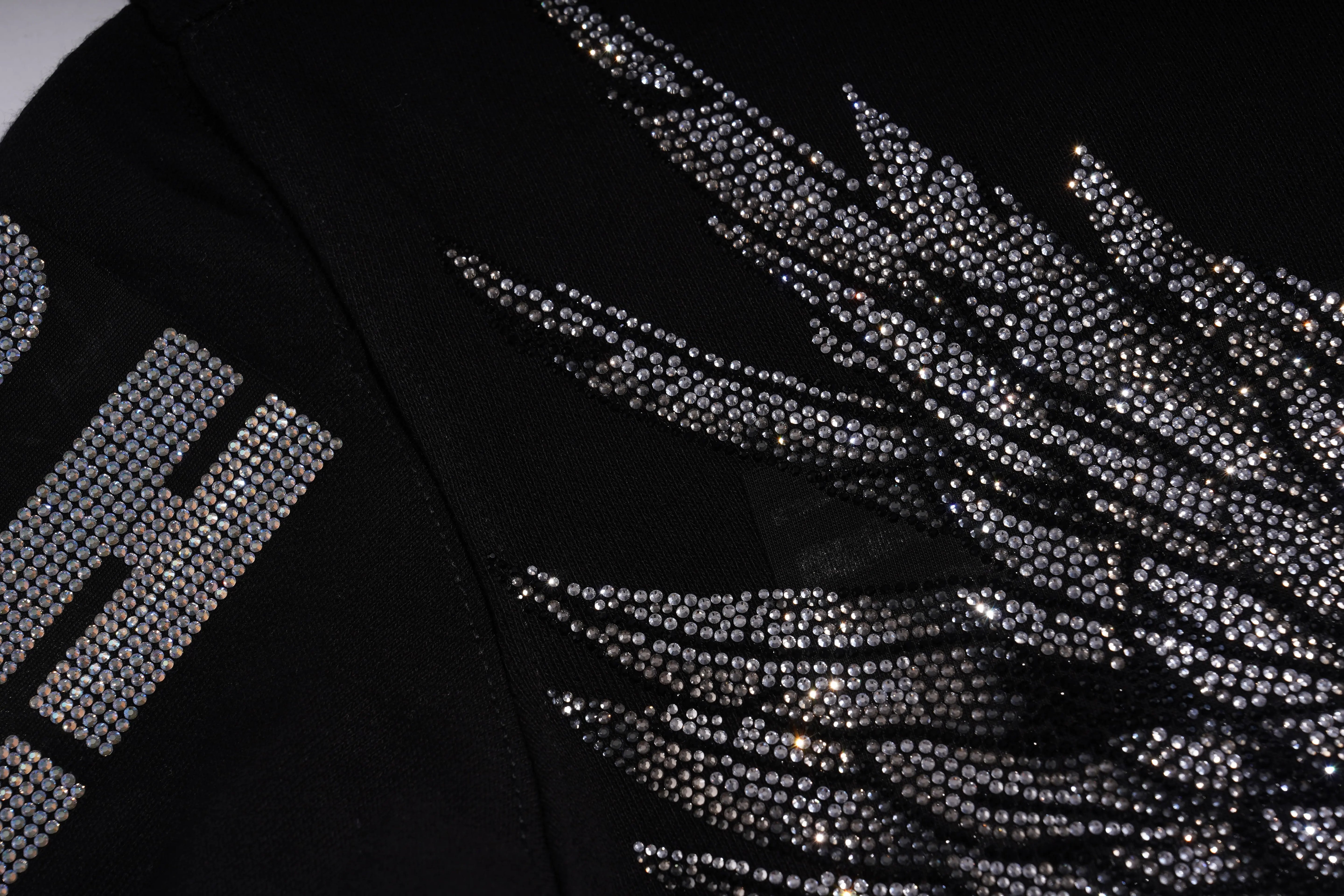 Black garment with rhinestone embellishments on a dark background, TCH 1976 Rhinestone Wings Sweatshirt