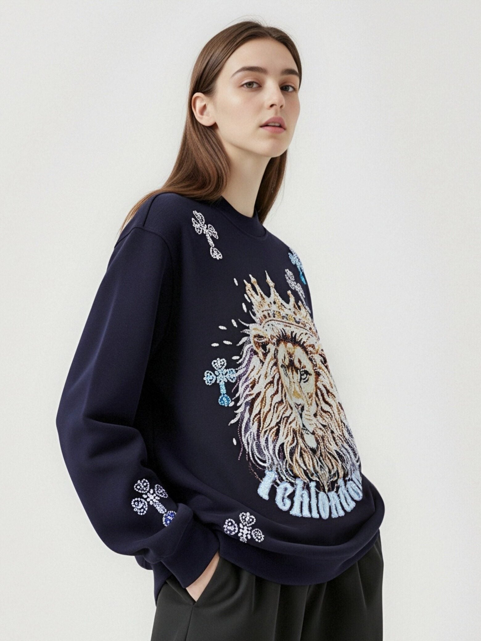 tch 2026 oversized lion rhinestone graphic sweatshirt navy HighEnd Luxury Streetwear Brand Official Showcase