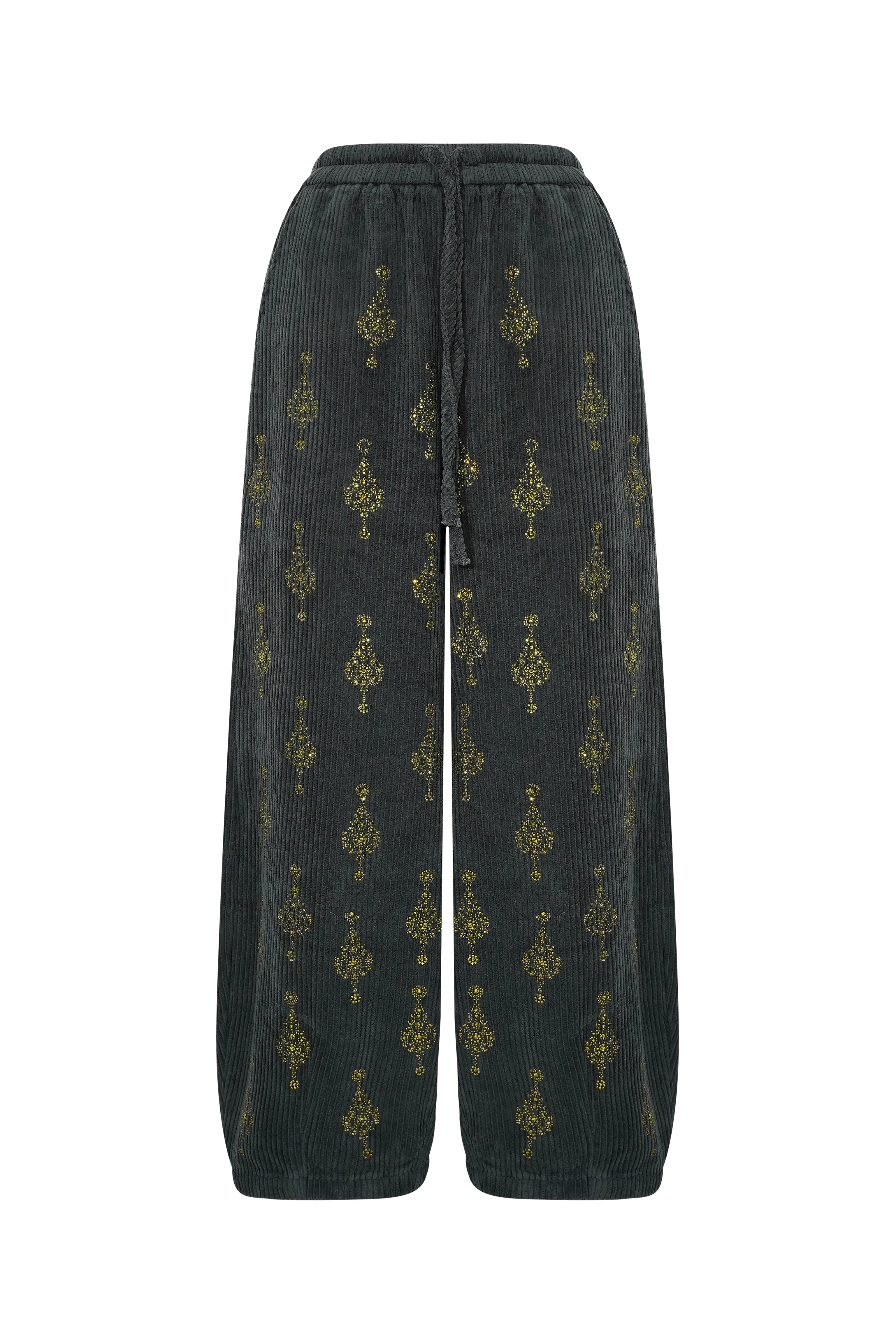 Dark green pants with gold patterns on a white background, TCH All-Over Rhinestone Pendant Dark Grey Jogger Pants