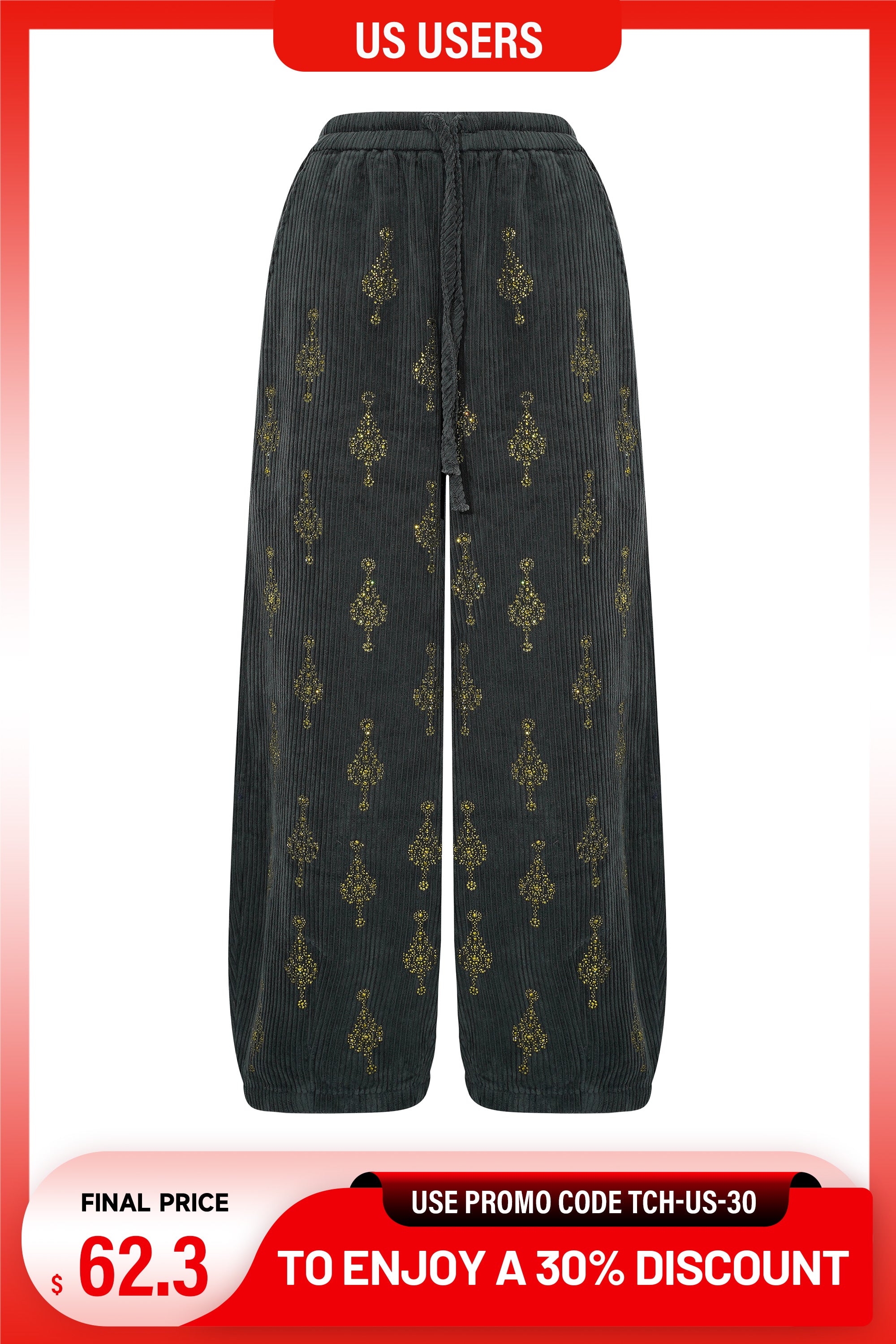 Black jeans with floral patches on a white background, TCH All-Over Rhinestone Pendant Dark Grey Jogger Pants