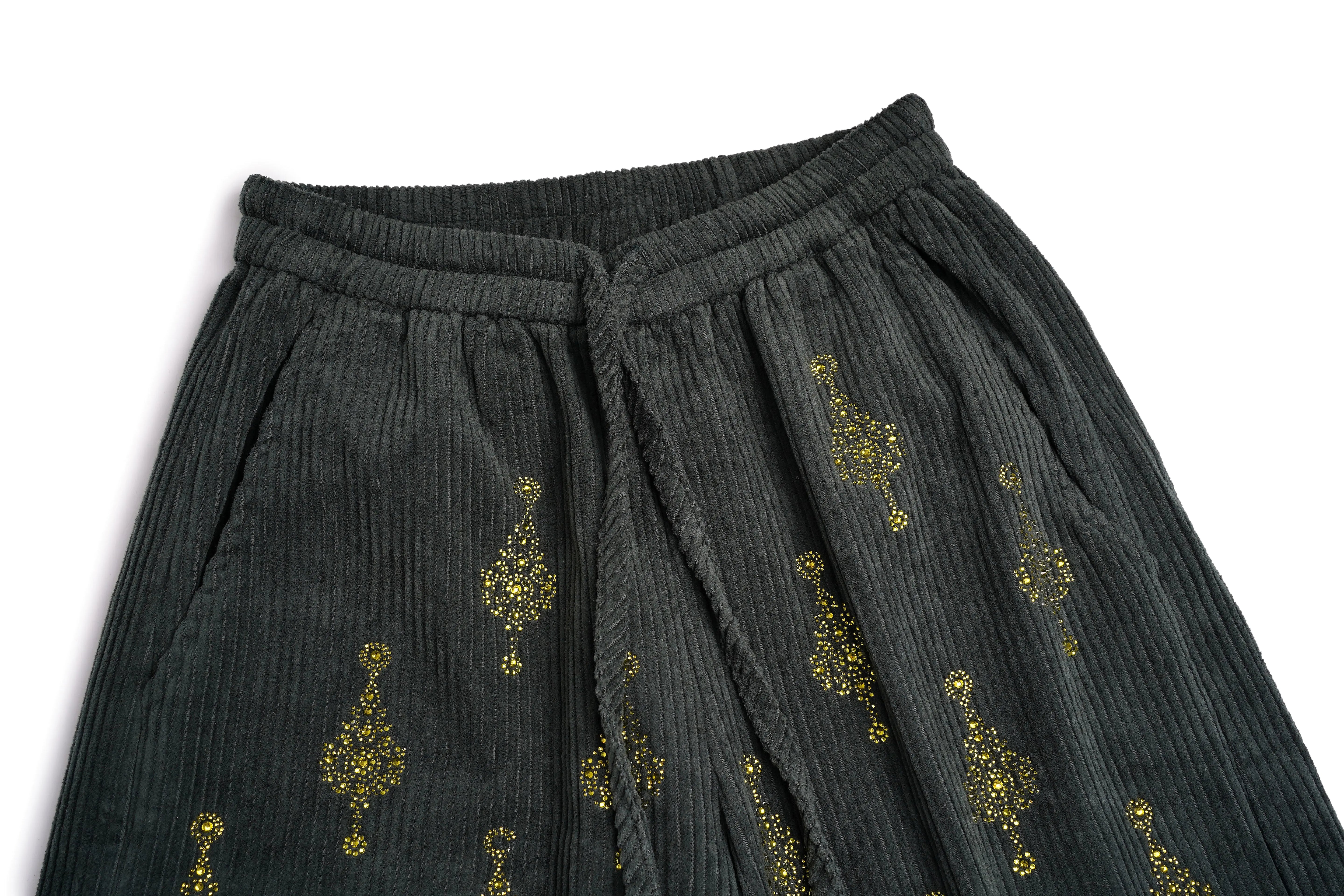 Dark gray pants with gold floral patterns on a white background, TCH All-Over Rhinestone Pendant Dark Grey Jogger Pants