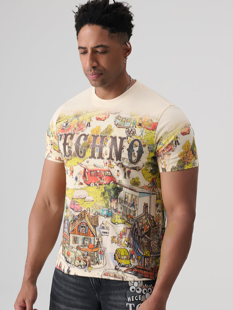 tch allover rhinestone graphic painting cotton t-shirt beige HighEnd Luxury Streetwear Brand Official Showcase