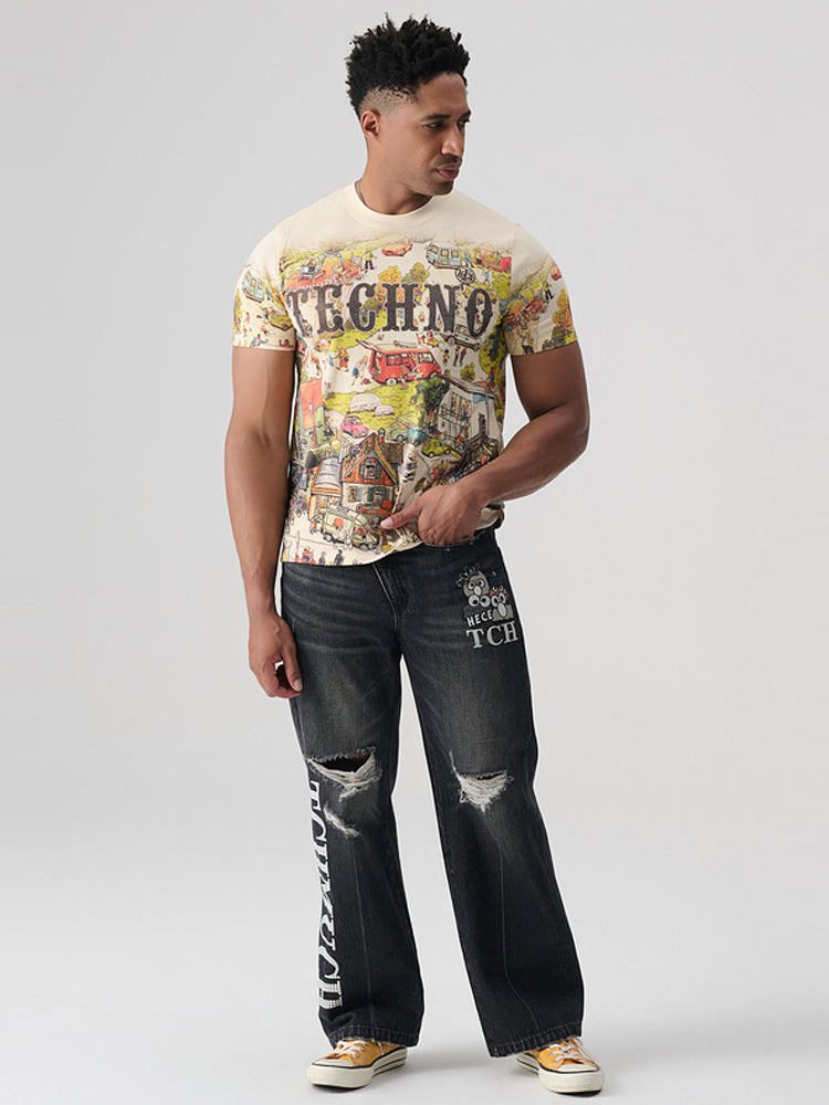 tch allover rhinestone graphic painting cotton t-shirt beige HighEnd Luxury Streetwear Brand Official Showcase
