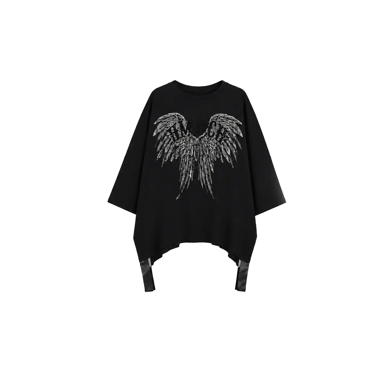 Black poncho with silver angel wings design on a white background, TCH Angel Wings Rhinestone Oversized T-Shirt