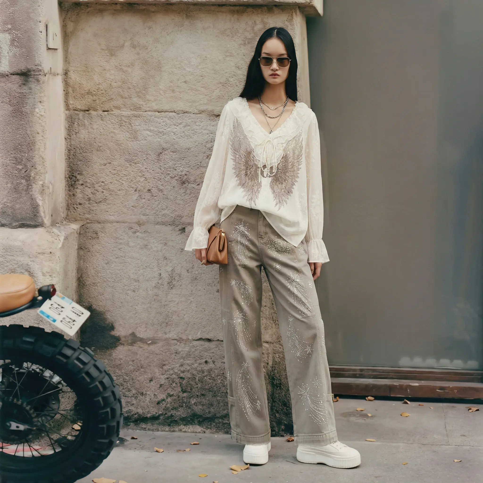 Woman in a stylish outfit standing against a wall with a motorcycle in the background, TCH Angel Wings Rhinestone Ruffle Blouse