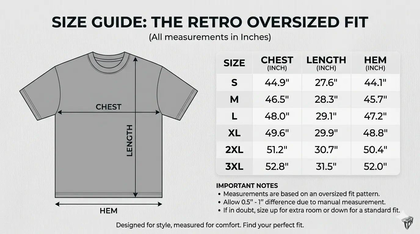Retro oversized fit size guide for a t-shirt with measurements in inches. TCH Angel Wings Rhinestone V-Neck Tee