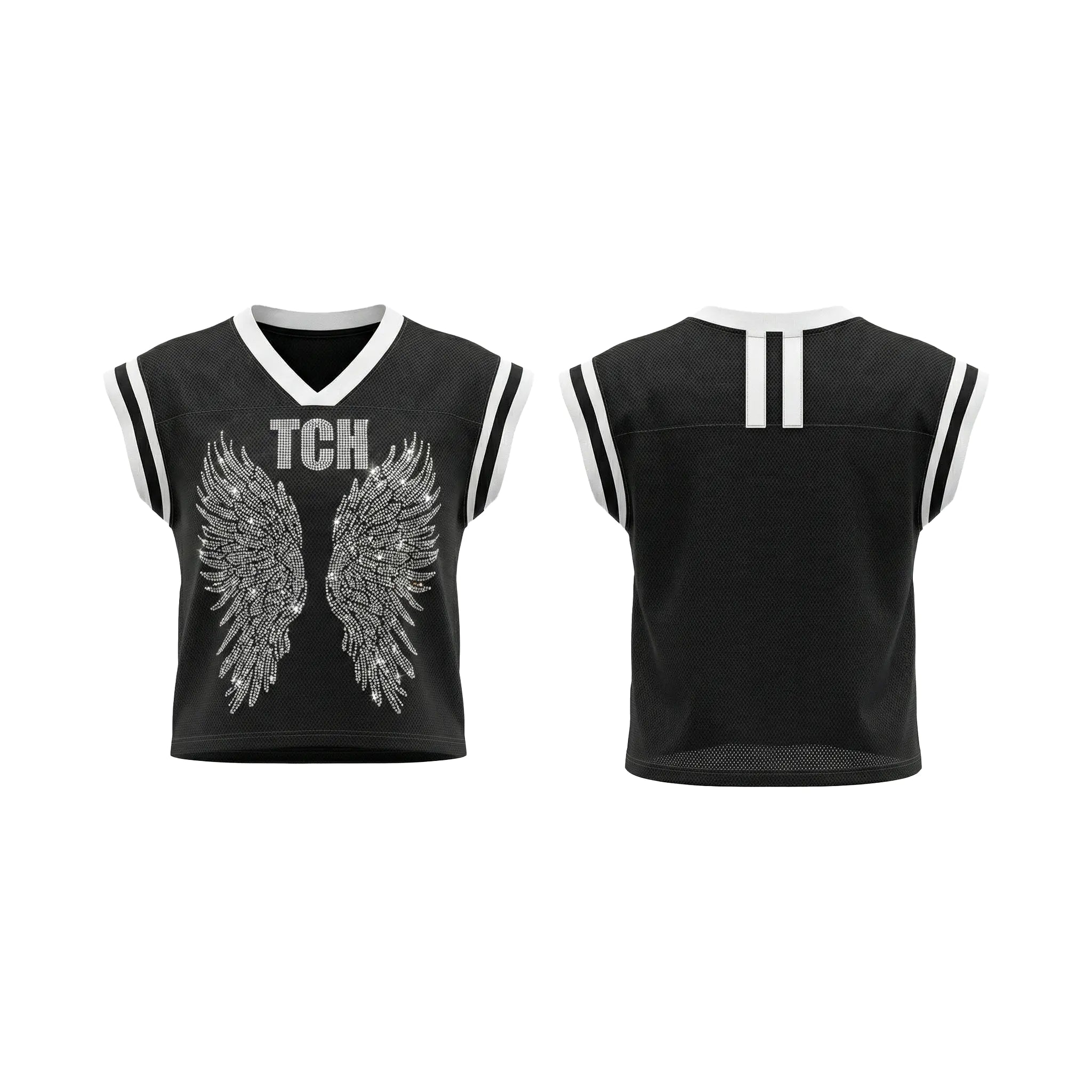 Black sleeveless shirt with angel wings and 'TCH' text on front, Adidas logo on back, TCH Angel Wings Rhinestone V-Neck Tee