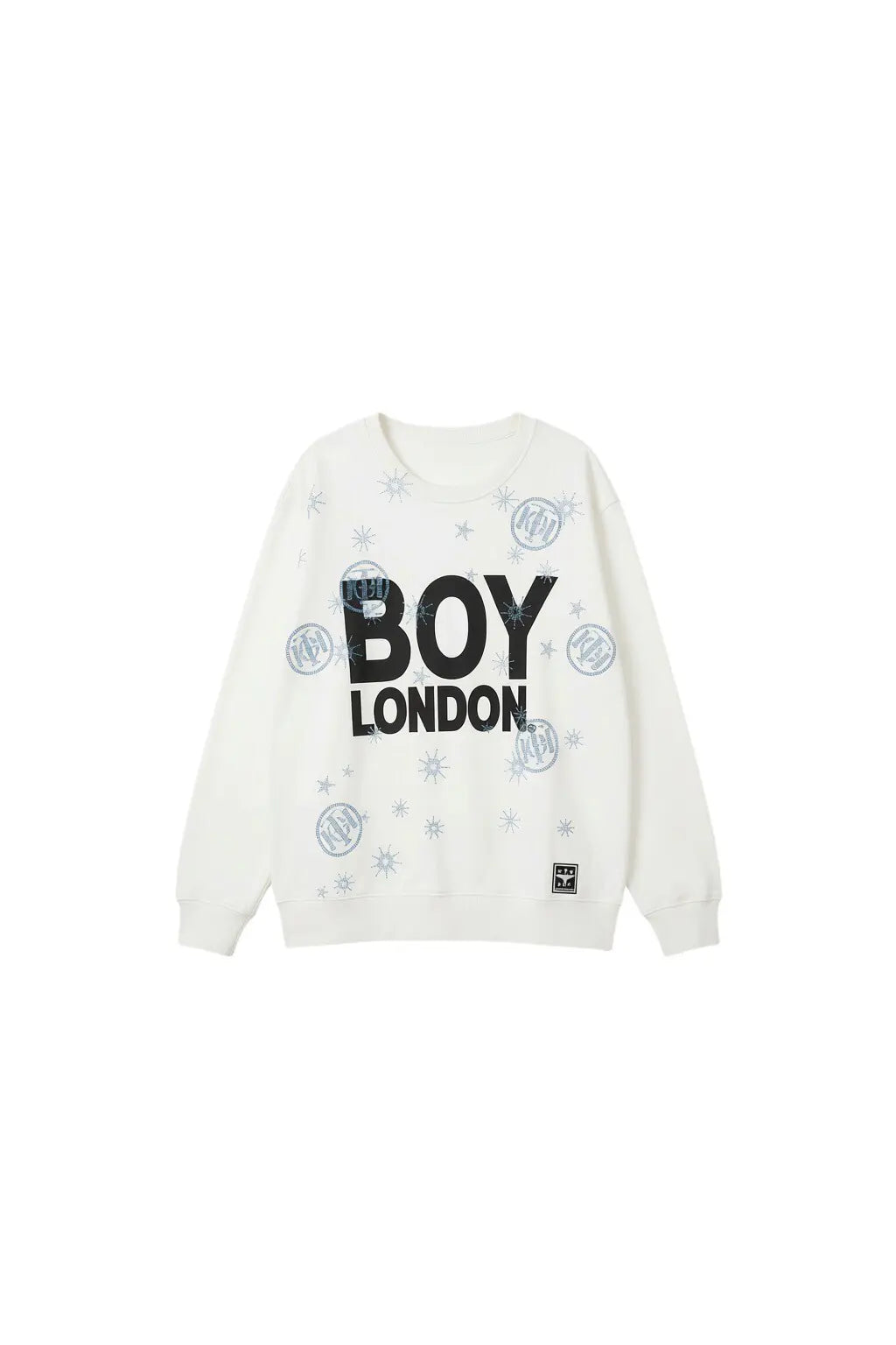 White sweatshirt with 'BOY London' text on a white background, TCH BOY LONDON Rhinestone Logo Print Crew Neck Sweatshirt