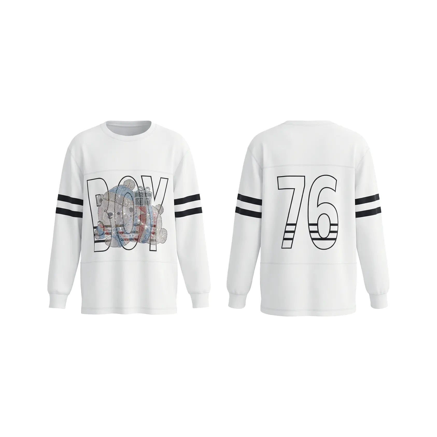 White long-sleeve shirt with 'BOY' and number '76' design on a white background TCH BOY Rhinestone Bear Sweatshirt-