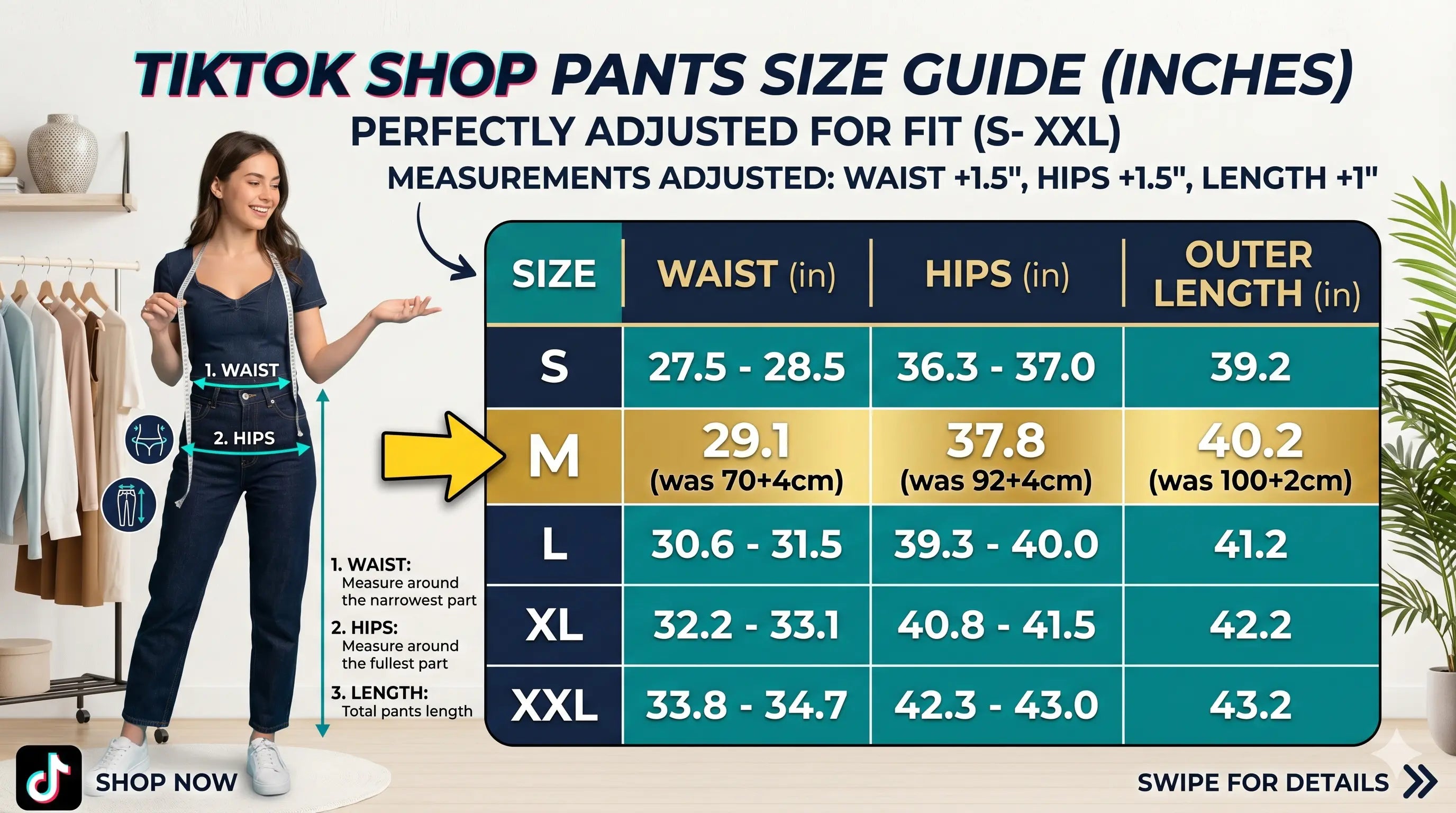TikTok Shop pants size guide with a woman wearing the pants and measurements displayed. TCH Bear Sketch Rhinestone Jogger Pants