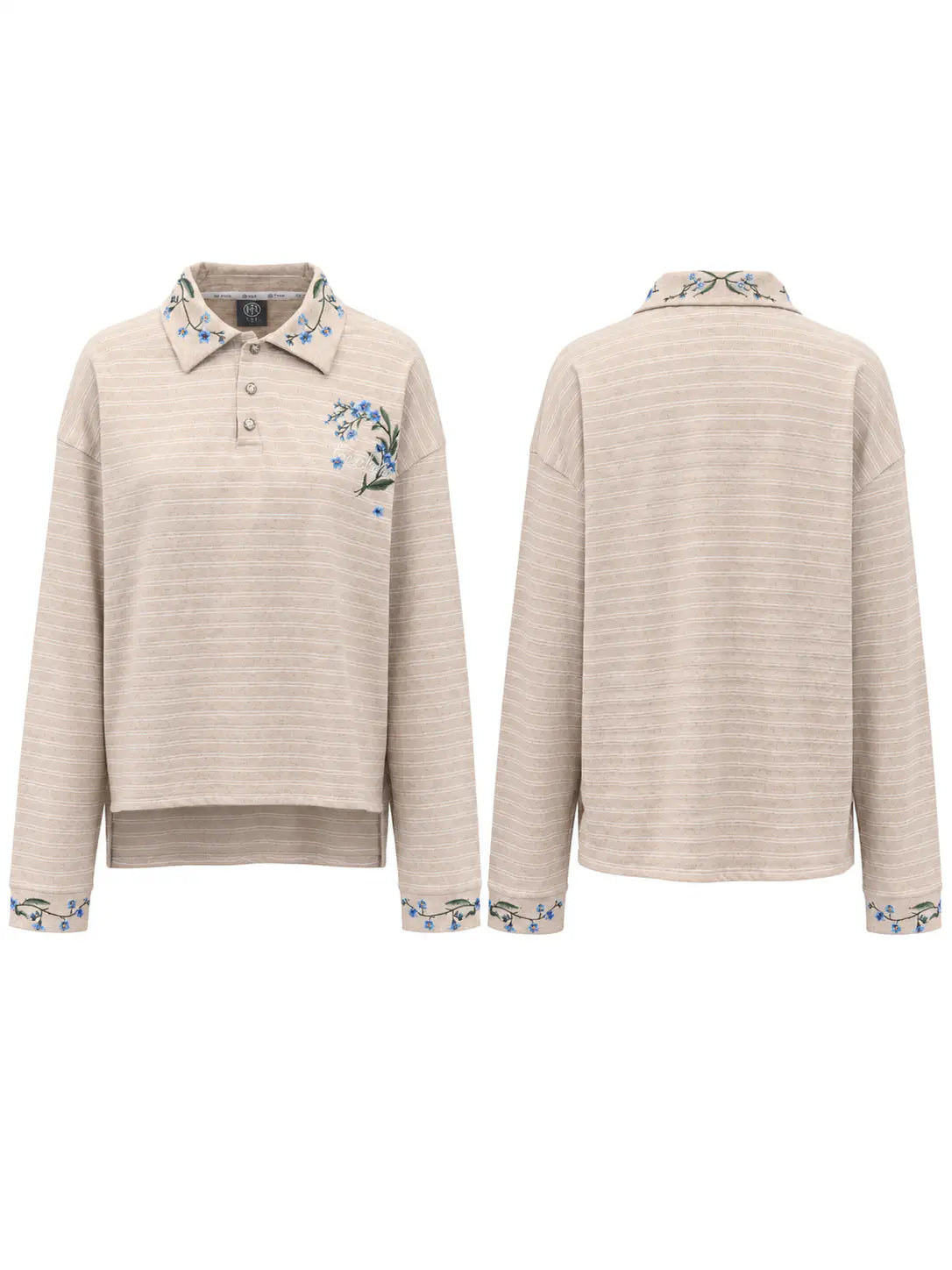 A beige and cream striped long-sleeve polo shirt with blue floral embroidery on the chest and cuffs, shown from both the front and back views against a white background. TCH Beige Floral Embroidered Long Sleeve Polo Shirt