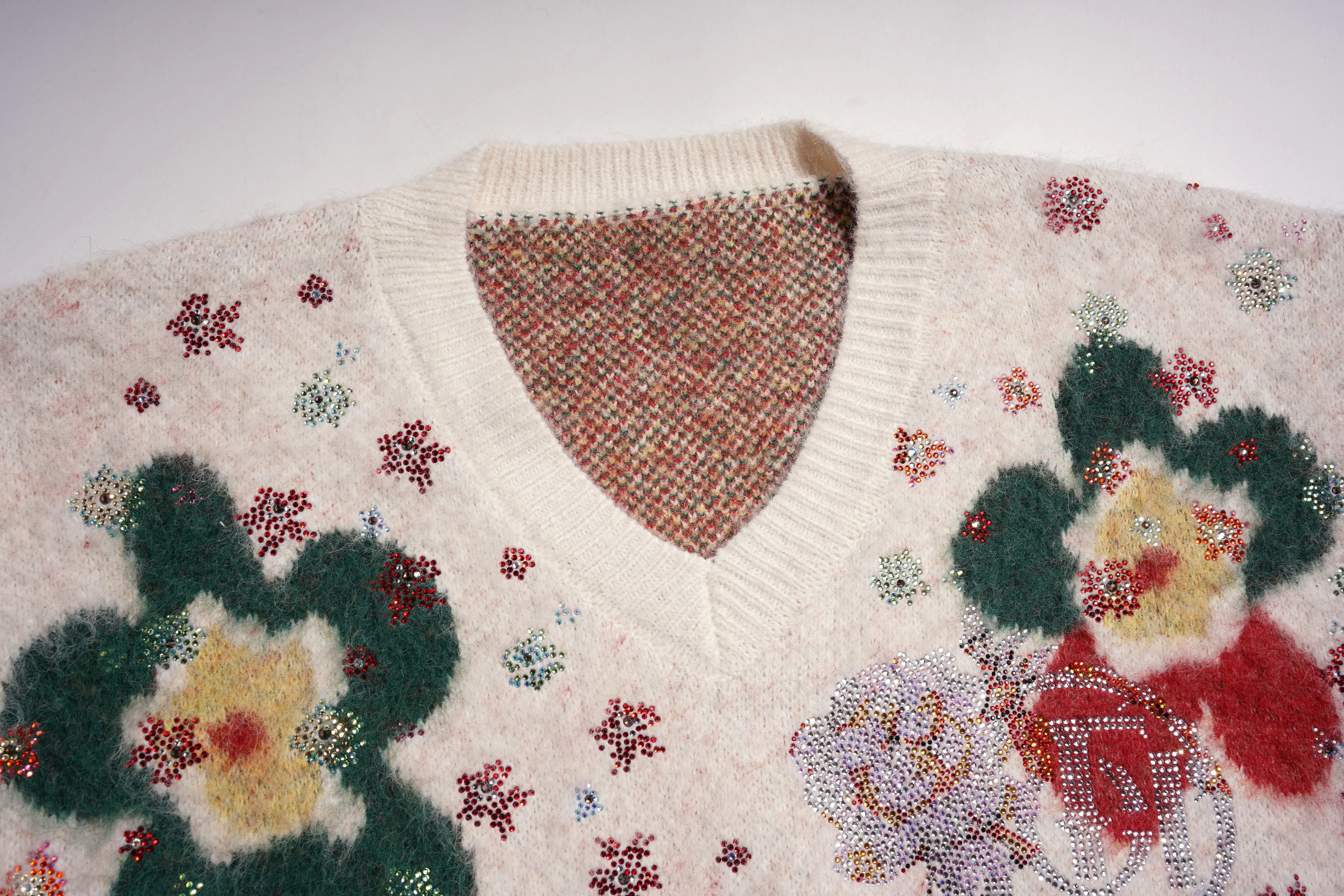 Floral patterned sweater with colorful flowers on a white background, TCH Beige Floral Rhinestone V-Neck Sweater & Wool Mini Skirt Set