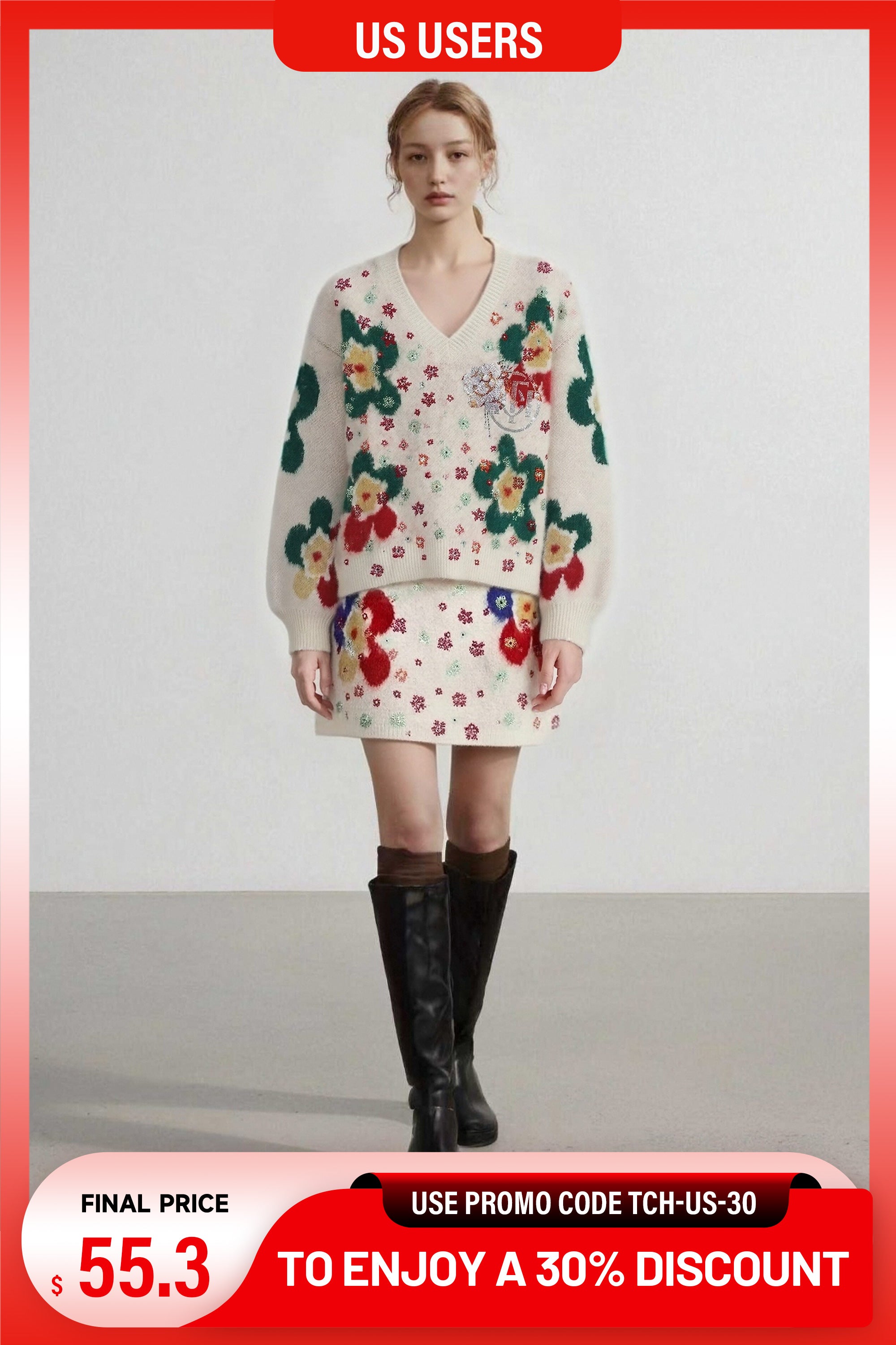 Woman wearing a floral dress with a red promotional banner at the top and bottom. TCH Beige Floral Rhinestone V-Neck Sweater & Wool Mini Skirt Set
