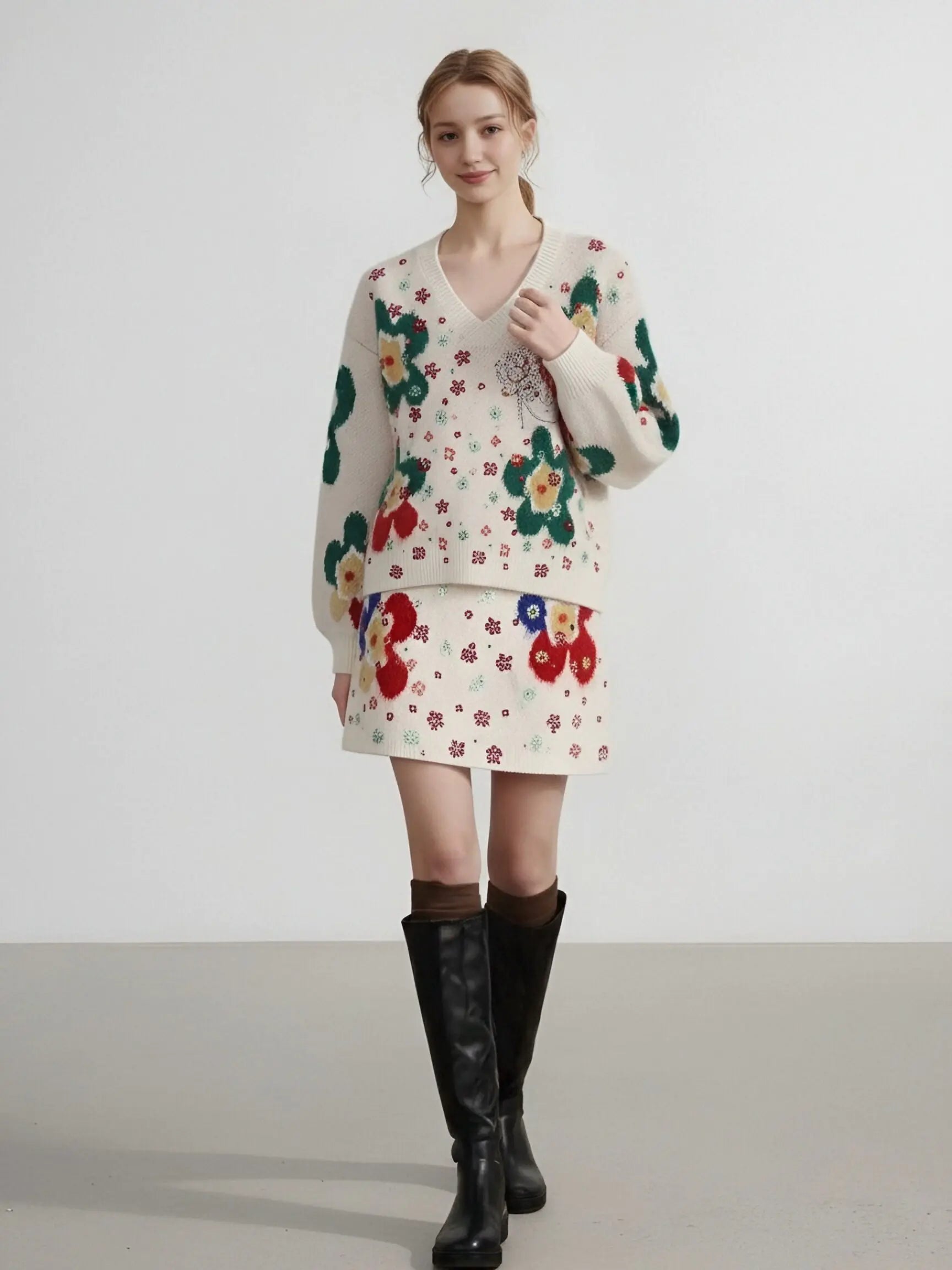Woman wearing a floral dress and sweater set with black knee-high boots on a plain background, TCH Beige Floral Rhinestone V-Neck Sweater & Wool Mini Skirt Set