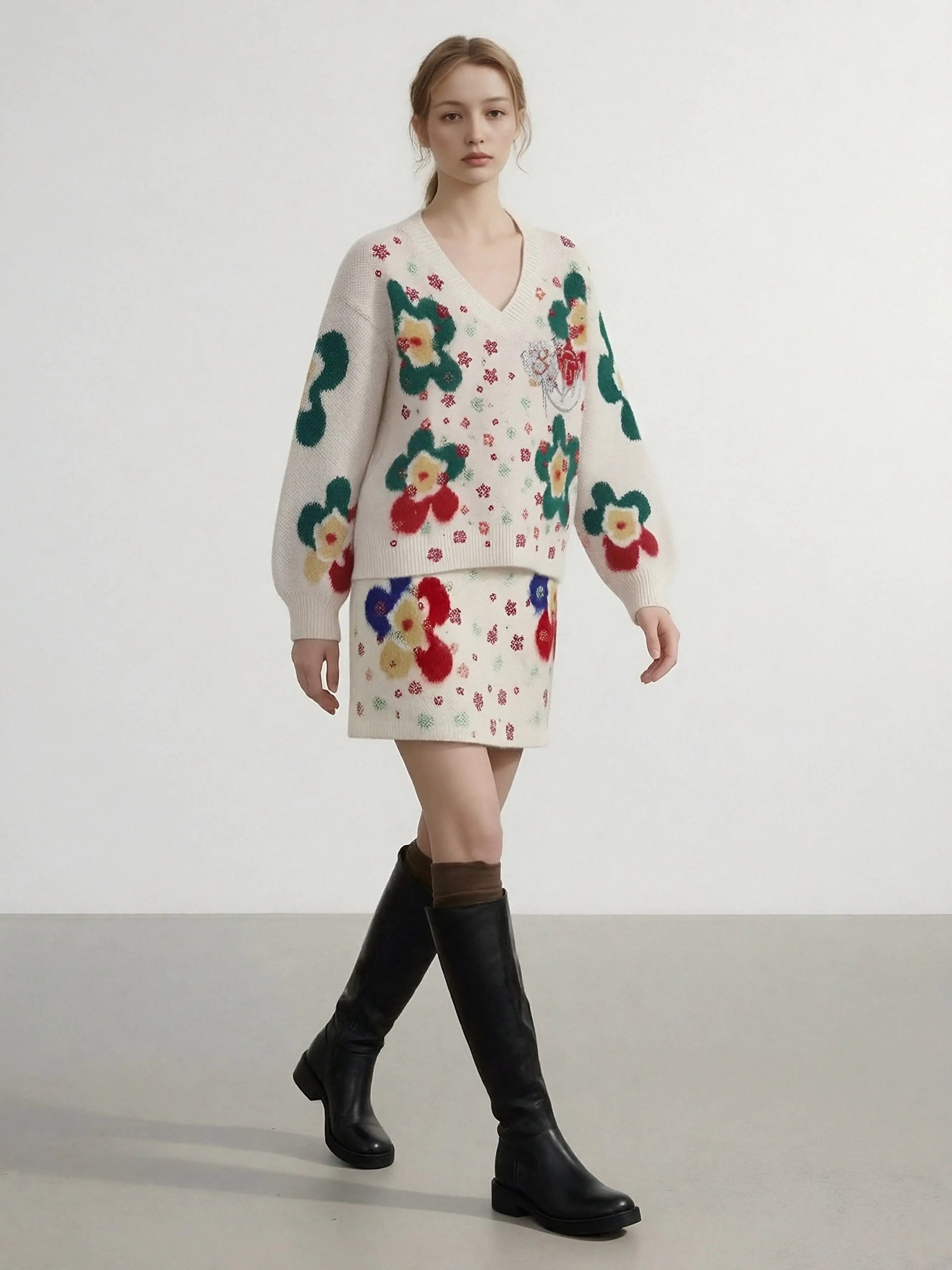 Woman wearing a floral-patterned dress with knee-high boots on a plain background, TCH Beige Floral Rhinestone V-Neck Sweater & Wool Mini Skirt Set