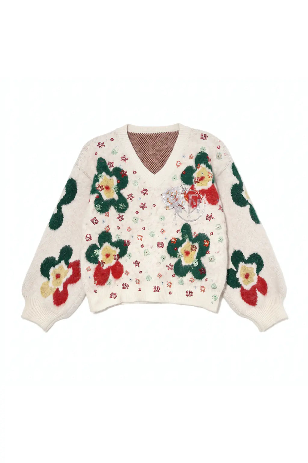 Floral patterned sweater on a white background, TCH Beige Floral Rhinestone V-Neck Sweater & Wool Mini Skirt Set