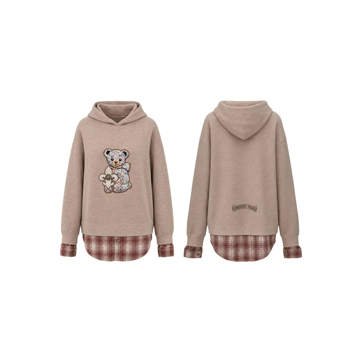A beige pullover hoodie shown from the front and back on a plain white background. The front features a teddy bear graphic with colorful floral details, and the hem and cuffs are made of a brown and beige plaid fabric. TCH Beige Teddy Bear Rhinestone Layered Hoodie Sweatshirt