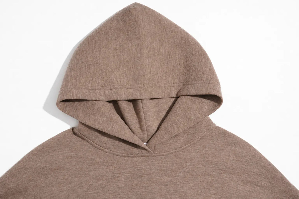 A close-up of a brown heathered hooded sweatshirt, focusing on the hood and neckline details, shot against a plain white background. TCH Beige Teddy Bear Rhinestone Layered Hoodie Sweatshirt