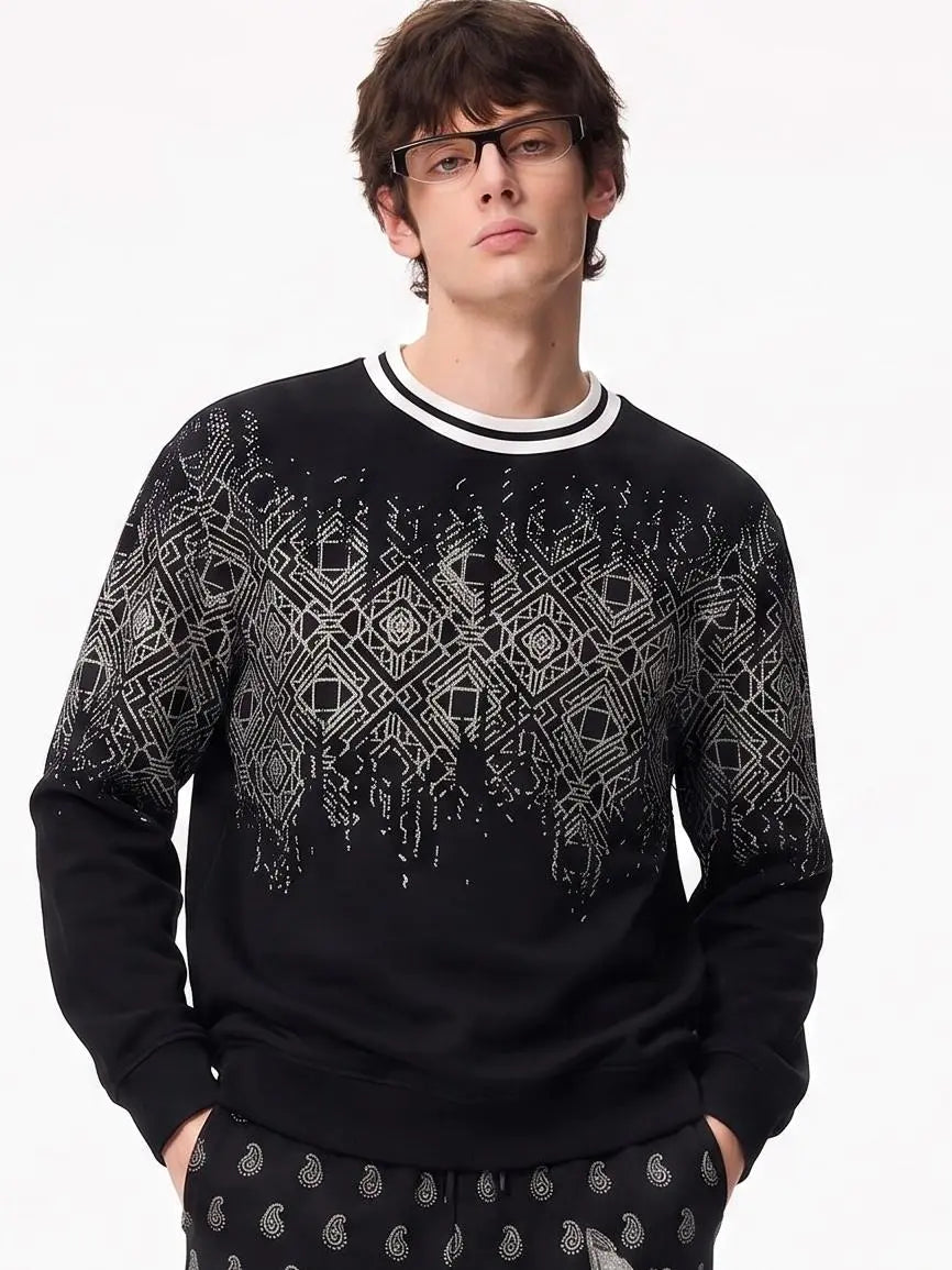TCH Black Geometric Pattern Crewneck Sweatshirt Luxury Streetwear Brand Official Showcase