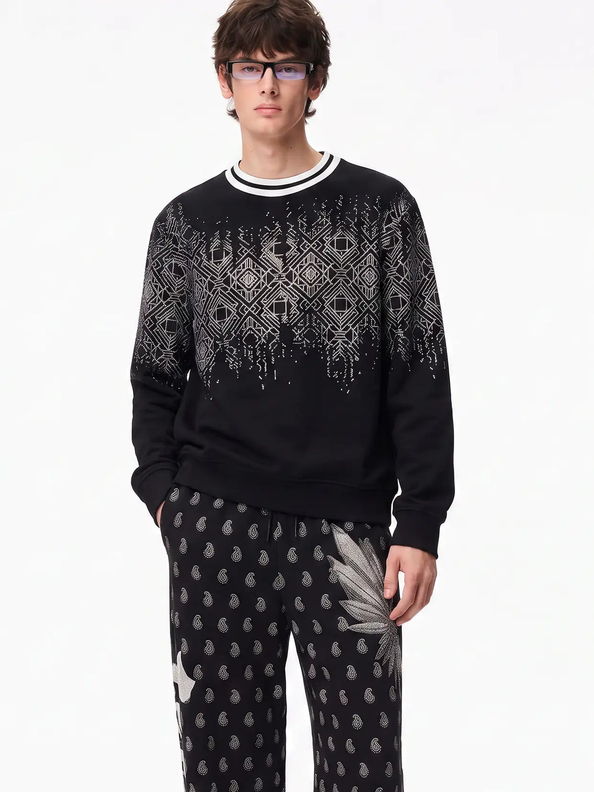 TCH Black Geometric Pattern Crewneck Sweatshirt Luxury Streetwear Brand Official Showcase