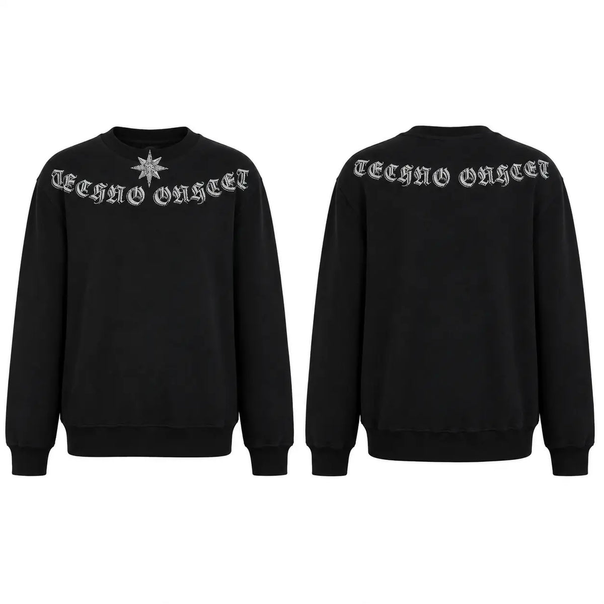 Front and back views of a black crewneck sweatshirt featuring 'Techno Onet' in a gothic font across the chest and shoulders, with a silver star emblem on the front. TCH Black Old English Techno Graphic Sweatshirt