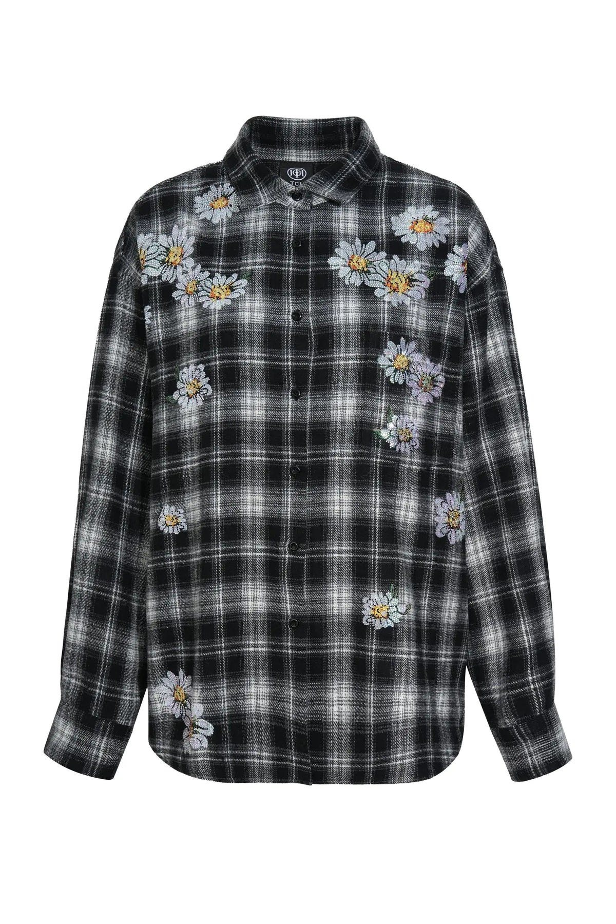 TCH Black Plaid Daisy Graphic Button-Up Shirt TCH black plaid shirt Black and white plaid shirt Daisy graphic button-up shirt Floral plaid long sleeve shirt Black checkered flower shirt Grunge plaid shirt Daisy print streetwear shirt Black floral button-up shirt Vintage-inspired plaid shirt Plaid shirt with flower graphics