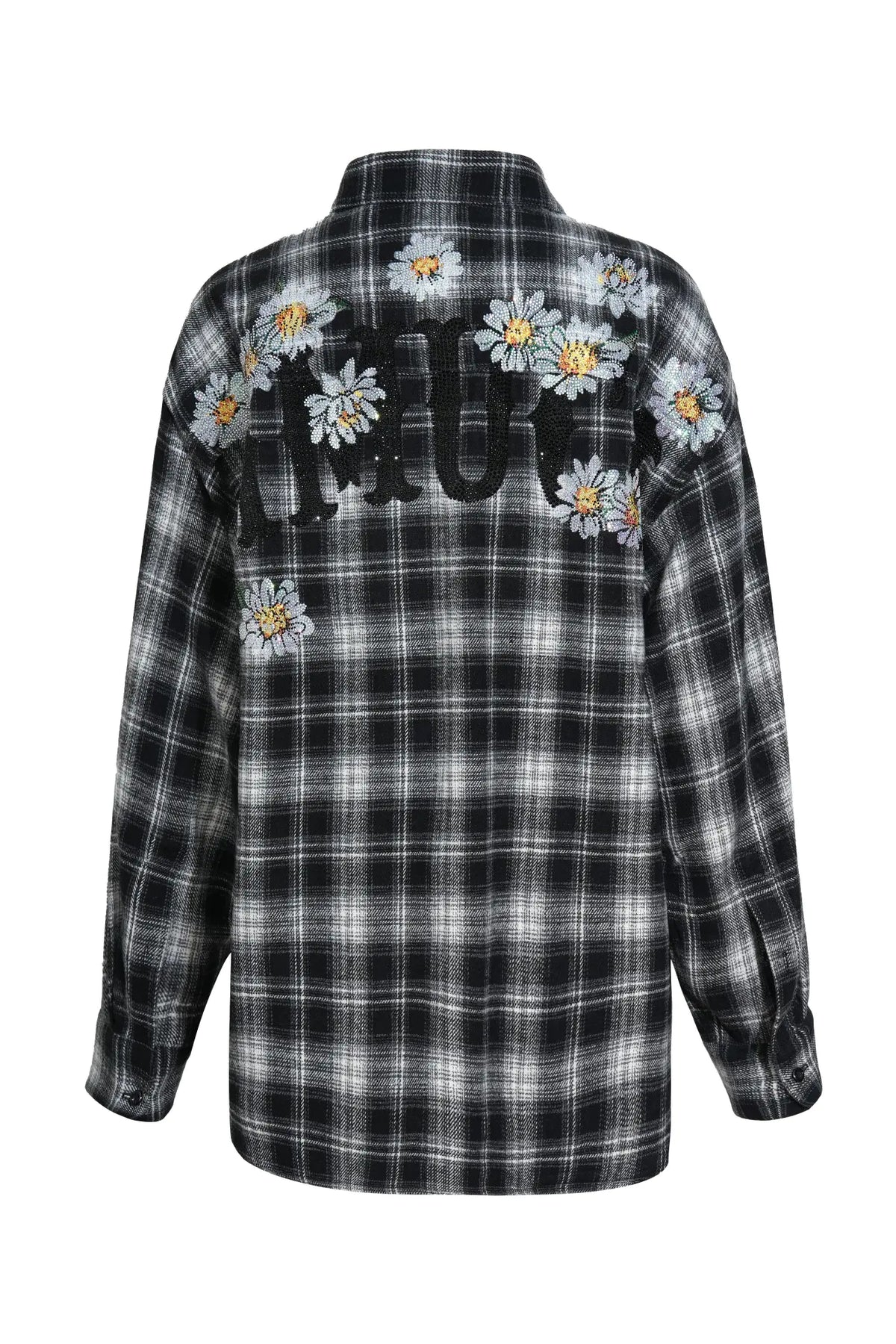 TCH Black Plaid Daisy Graphic Button-Up Shirt TCH black plaid shirt Black and white plaid shirt Daisy graphic button-up shirt Floral plaid long sleeve shirt Black checkered flower shirt Grunge plaid shirt Daisy print streetwear shirt Black floral button-up shirt Vintage-inspired plaid shirt Plaid shirt with flower graphics