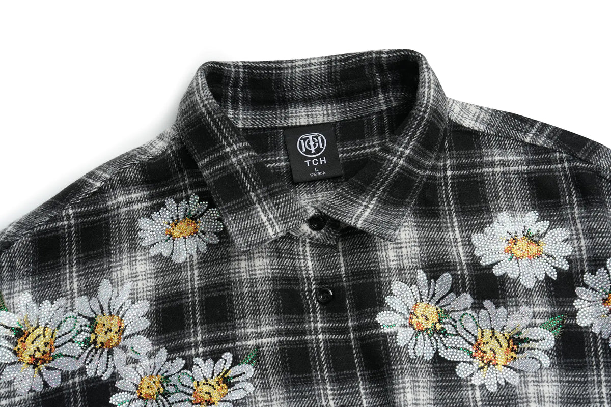 TCH Black Plaid Daisy Graphic Button-Up Shirt TCH black plaid shirt Black and white plaid shirt Daisy graphic button-up shirt Floral plaid long sleeve shirt Black checkered flower shirt Grunge plaid shirt Daisy print streetwear shirt Black floral button-up shirt Vintage-inspired plaid shirt Plaid shirt with flower graphics