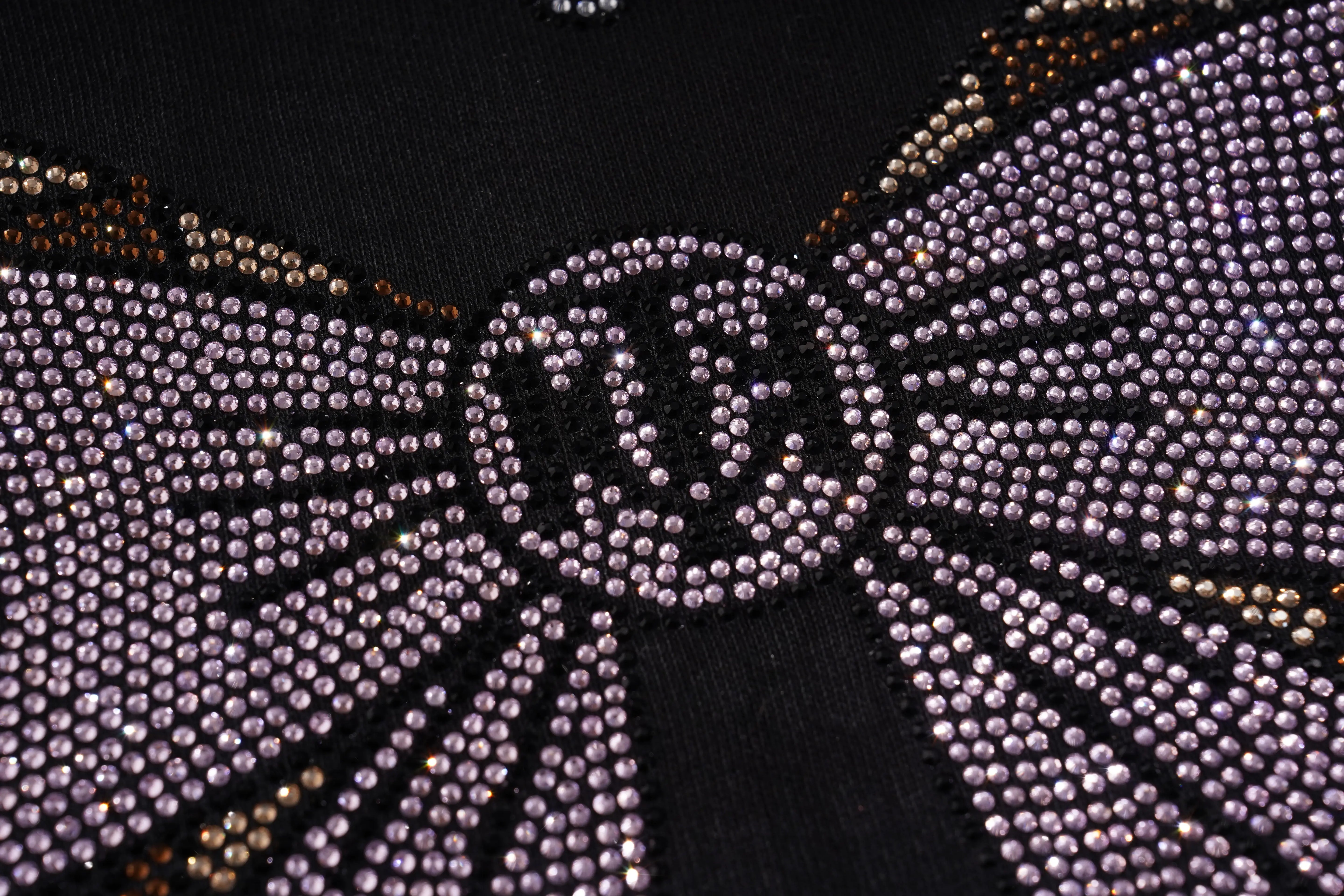 Close-up of a decorative design with rhinestones on a black background, TCH Black Rhinestone Bow Cropped Sweatshirt