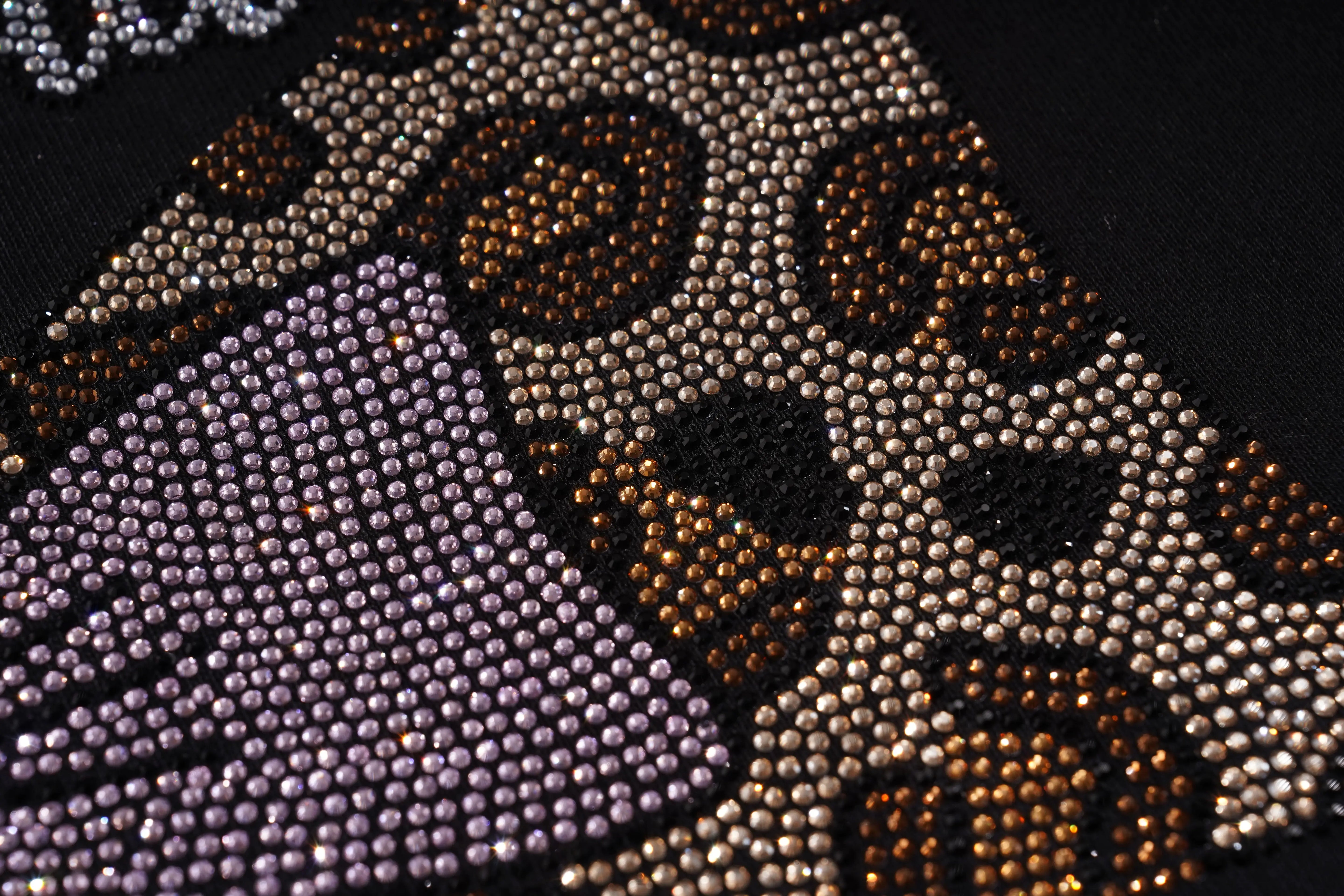 Close-up of a decorative fabric with rhinestone patterns on a black background, TCH Black Rhinestone Bow Cropped Sweatshirt