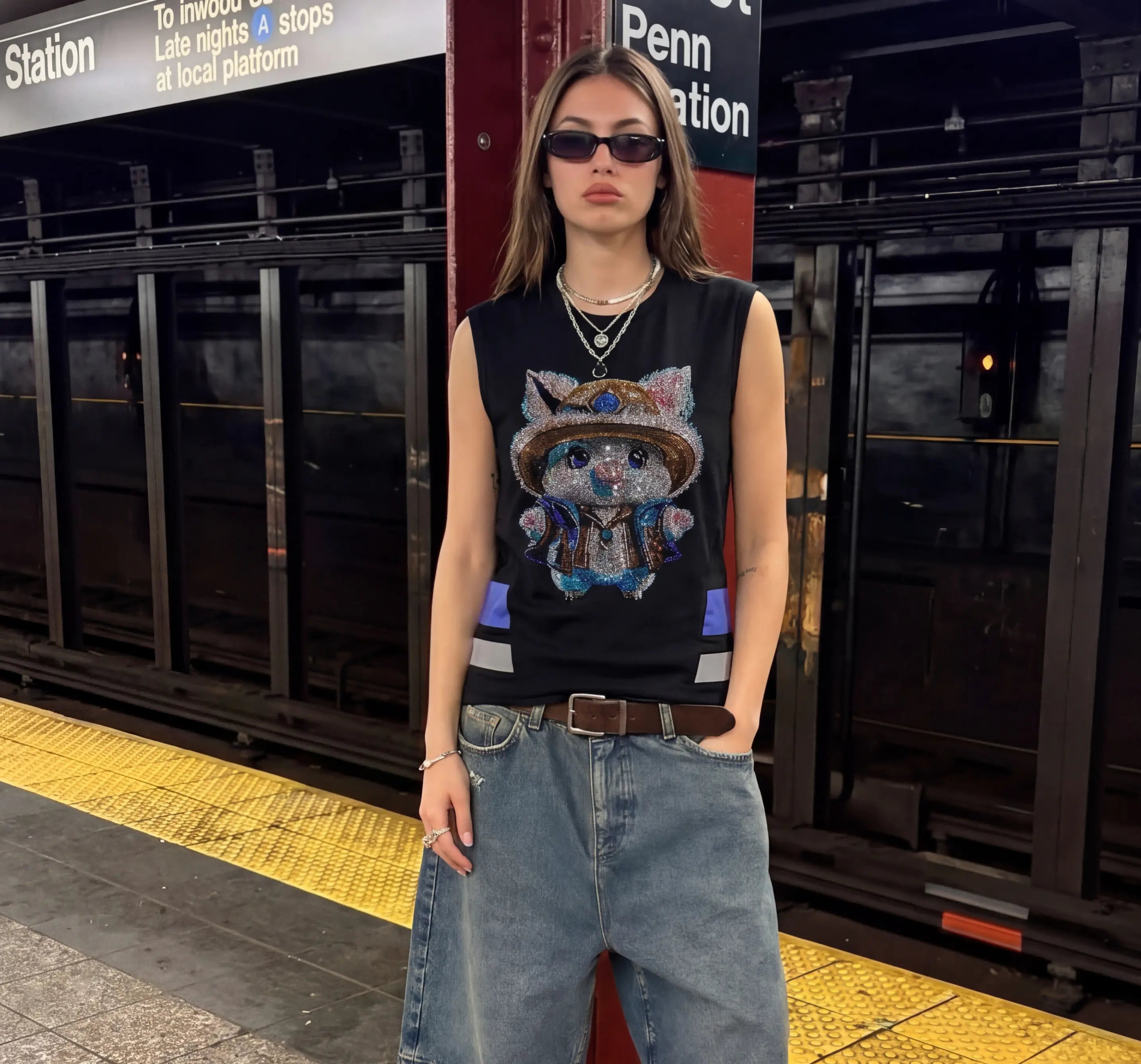 Person wearing a sweater with a cat design at a subway station, TCH Black Rhinestone Cartoon Pig Sleeveless Top