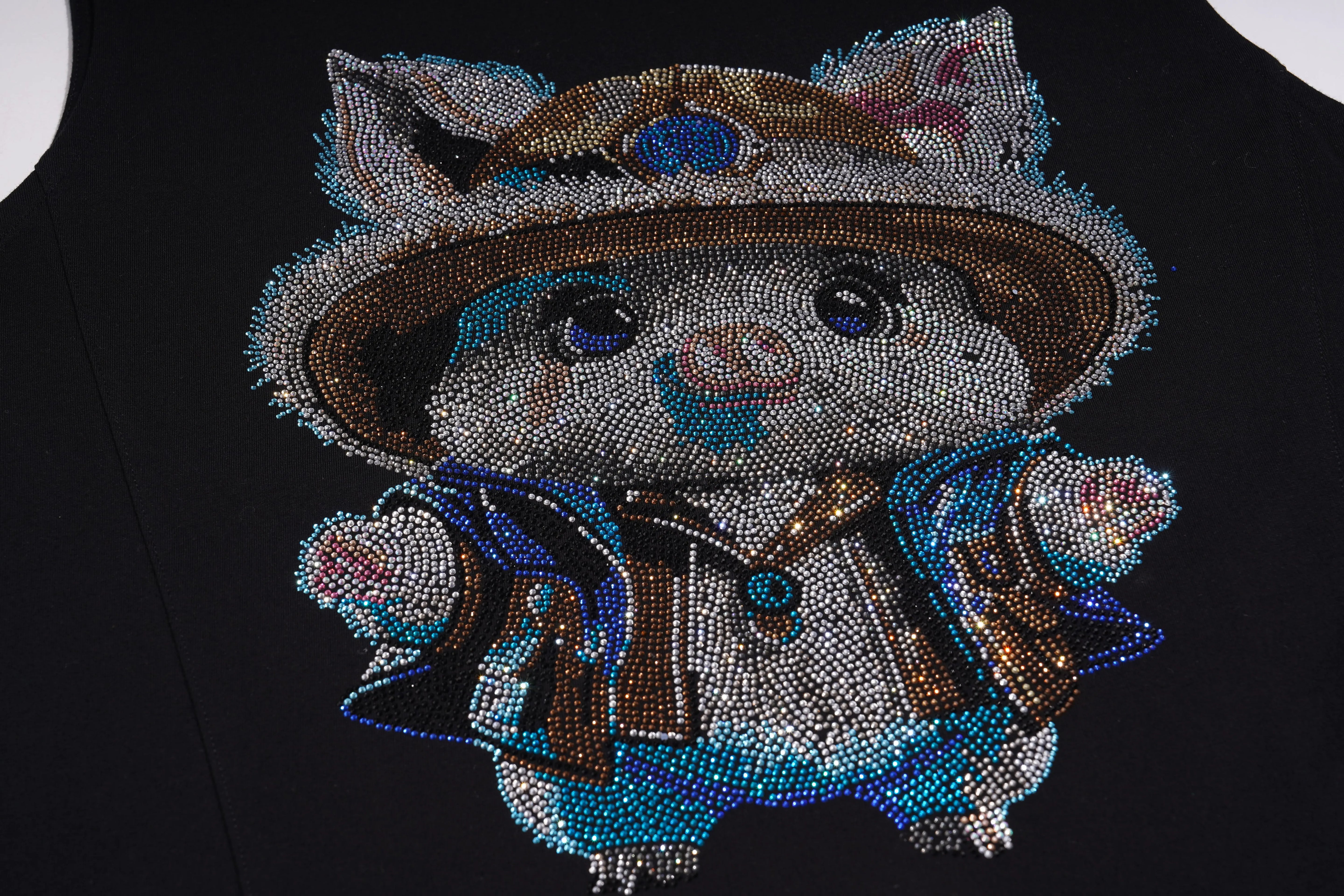 Embroidered design of a cartoon character wearing a hat on a black background, TCH Black Rhinestone Cartoon Pig Sleeveless Top