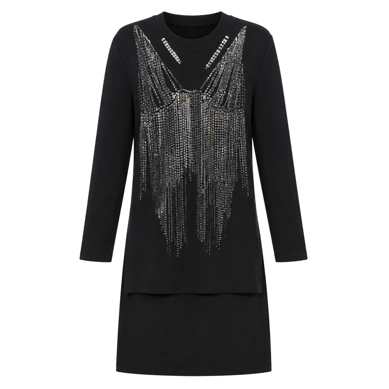 A black long-sleeve dress featuring a dramatic, textured silver rhinestone fringe design on the front, set against a plain white background. TCH Black Rhinestone Fringe Detail Long Sleeve Mini Dress