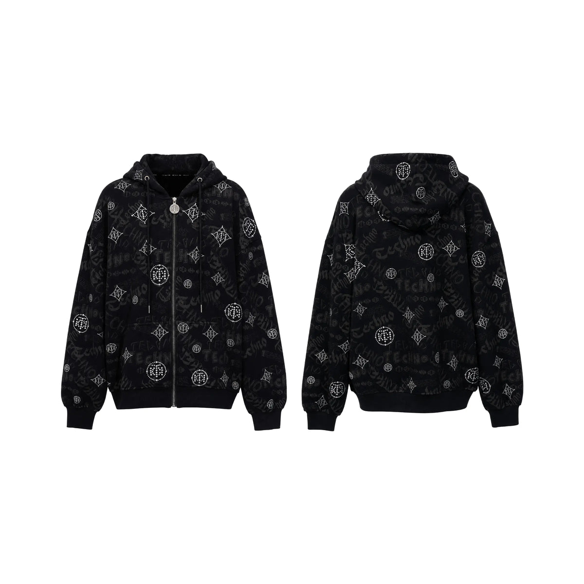 A beige pullover hoodie shown from the front and back on a plain white background. The front features a teddy bear graphic with colorful floral details, and the hem and cuffs are made of a brown and beige plaid fabric. TCH Black Rhinestone Monogram Zip Up Hoodie Jacket