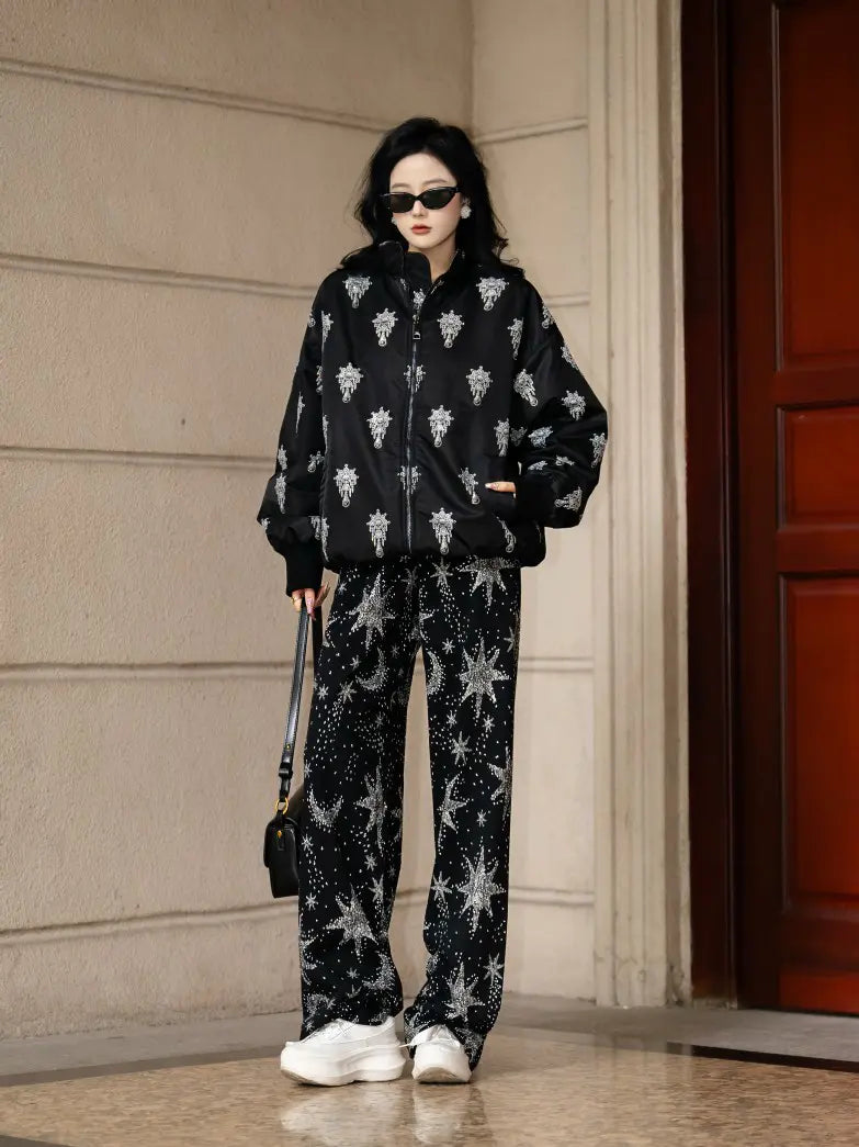 TCH Black Rhinestone Skull Print Bomber Jacket TCH black skull jacket Black skull print bomber jacket Gothic streetwear jacket Silver skull graphic jacket Black graphic bomber jacket All-over print black jacket Alternative fashion bomber jacket Skull pattern zip-up jacket Gothic black streetwear jacket TCH graphic bomber jacket