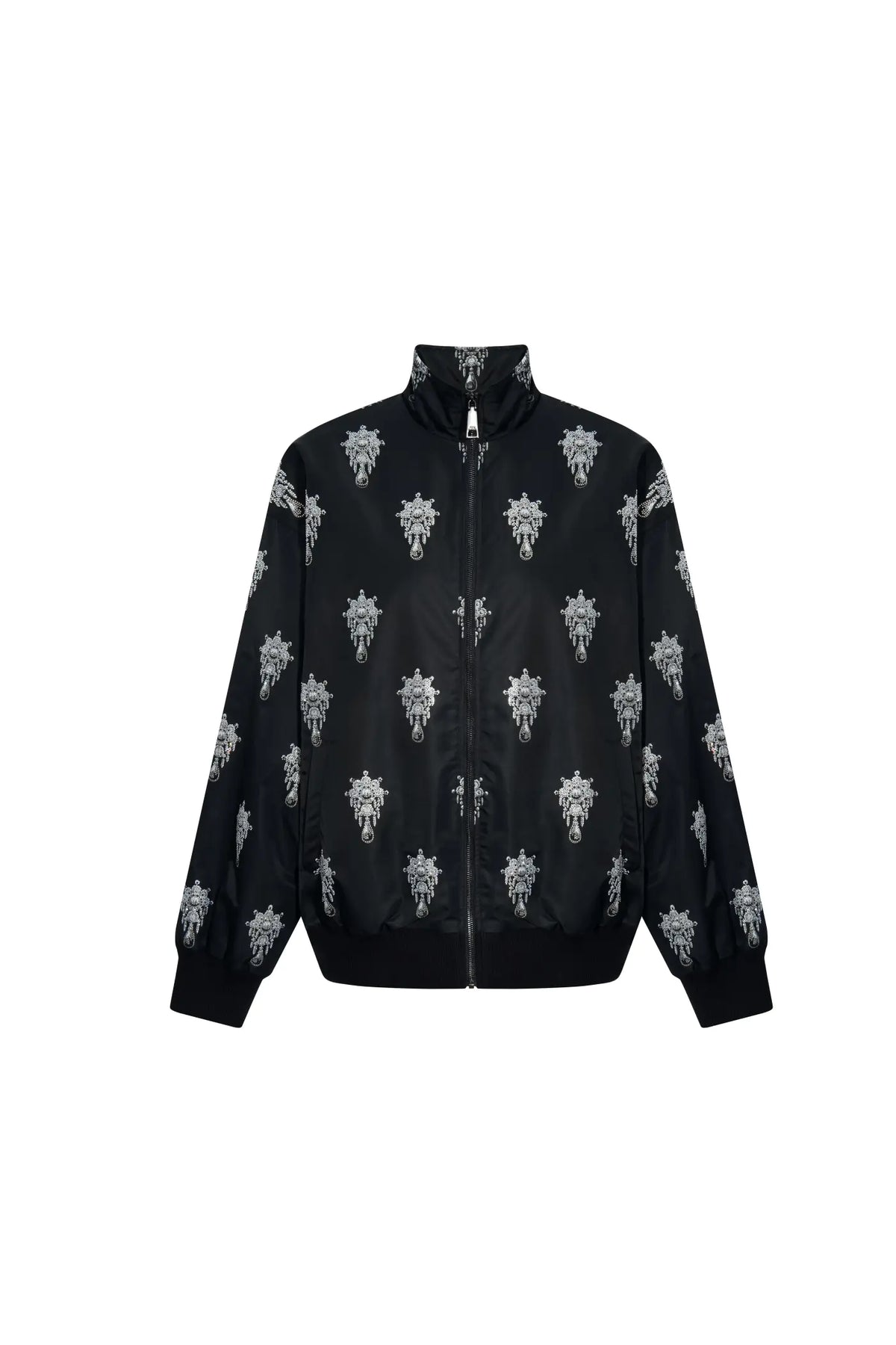 TCH Black Rhinestone Skull Print Bomber Jacket TCH black skull jacket Black skull print bomber jacket Gothic streetwear jacket Silver skull graphic jacket Black graphic bomber jacket All-over print black jacket Alternative fashion bomber jacket Skull pattern zip-up jacket Gothic black streetwear jacket TCH graphic bomber jacket