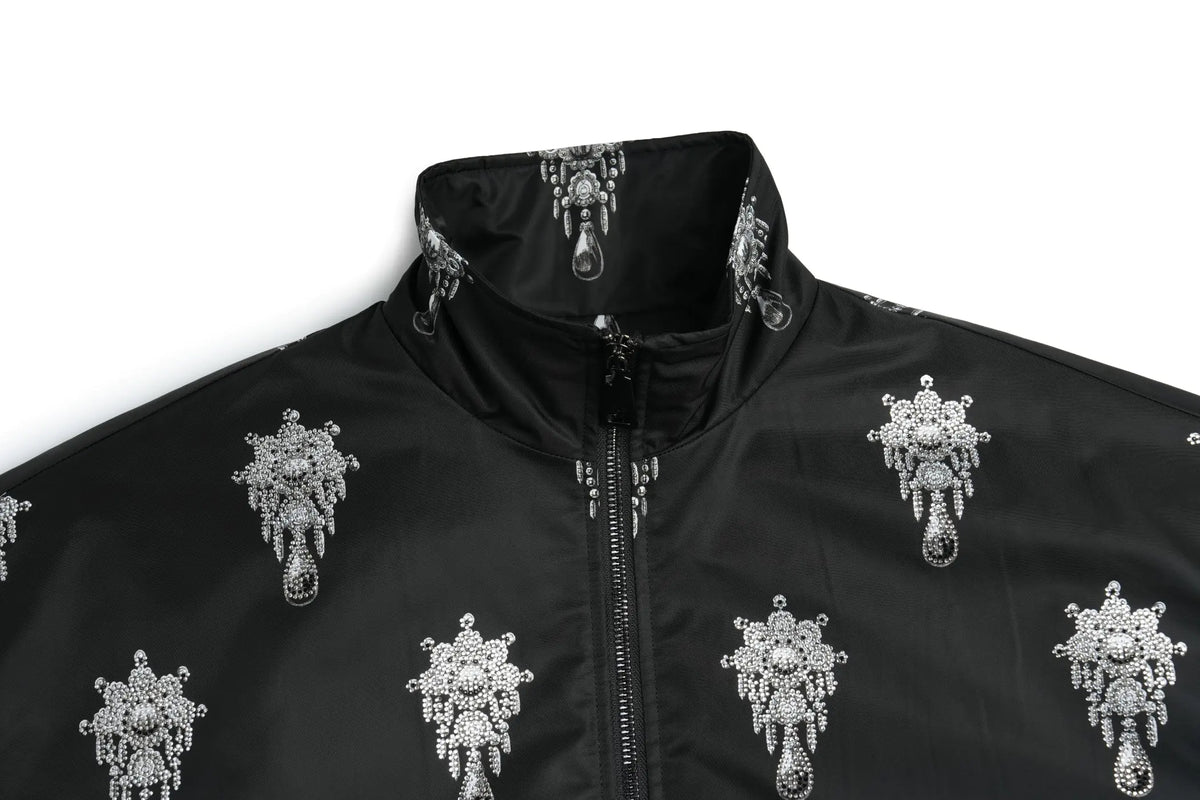 TCH Black Rhinestone Skull Print Bomber Jacket TCH black skull jacket Black skull print bomber jacket Gothic streetwear jacket Silver skull graphic jacket Black graphic bomber jacket All-over print black jacket Alternative fashion bomber jacket Skull pattern zip-up jacket Gothic black streetwear jacket TCH graphic bomber jacket