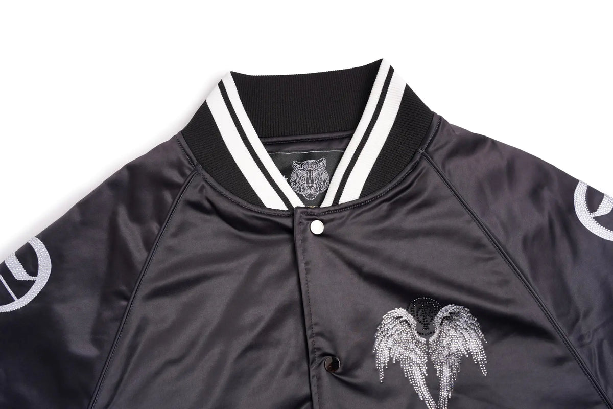 TCH Black Teddy Bear Graphic Satin Varsity Jacket TCH teddy bear varsity jacket Black teddy bear jacket Graphic satin varsity jacket Black streetwear bomber jacket Teddy bear graphic jacket Gothic graphic varsity jacket Black satin-look bomber jacket Angel wings graphic jacket Black snap-button varsity jacket TCH graphic bomber jacket