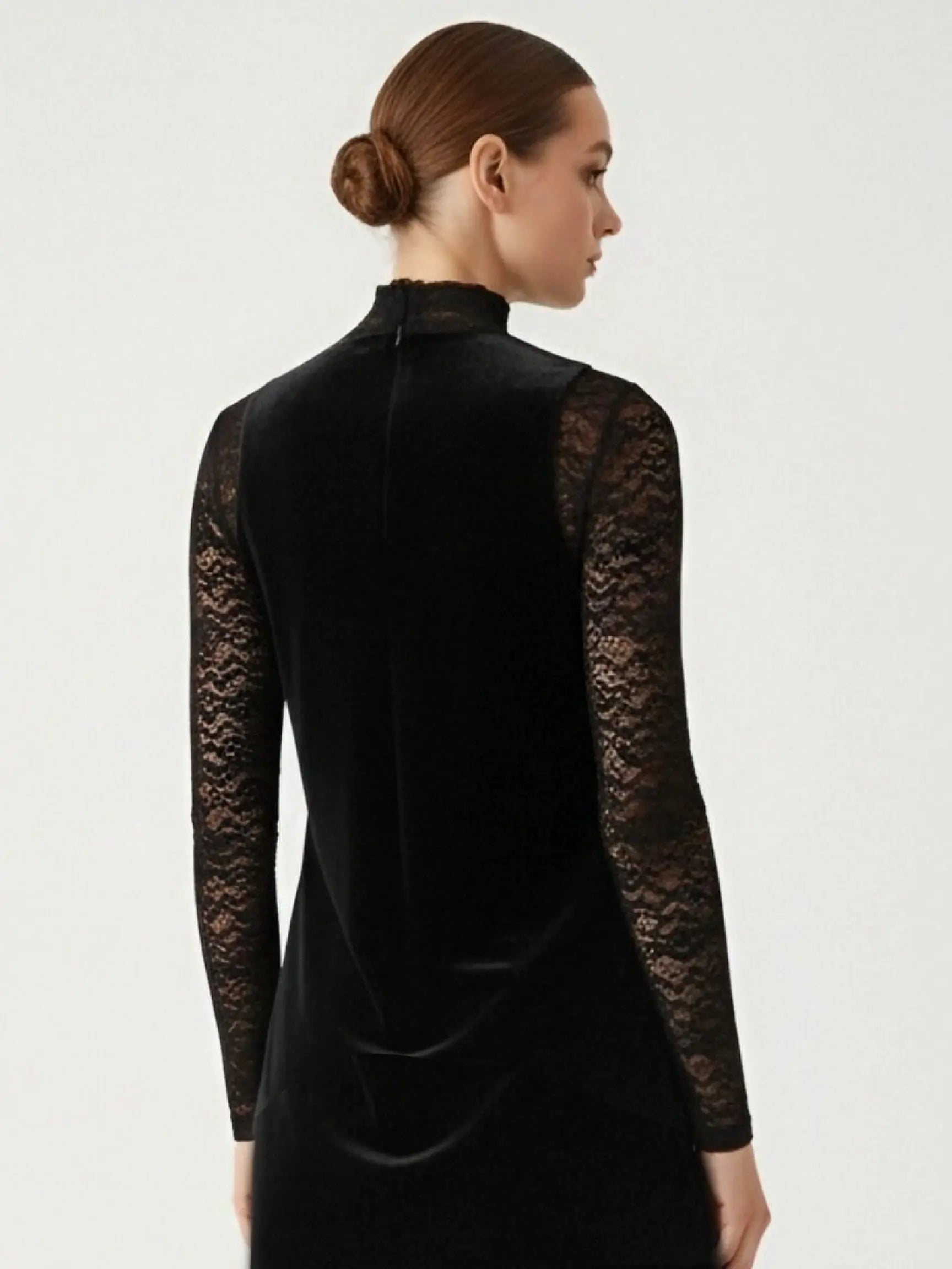 Black dress with lace sleeves worn by a model on a white background, TCH Black Vest Rhinestone Lucky Horse & Red Stitch Wooden Horse Design