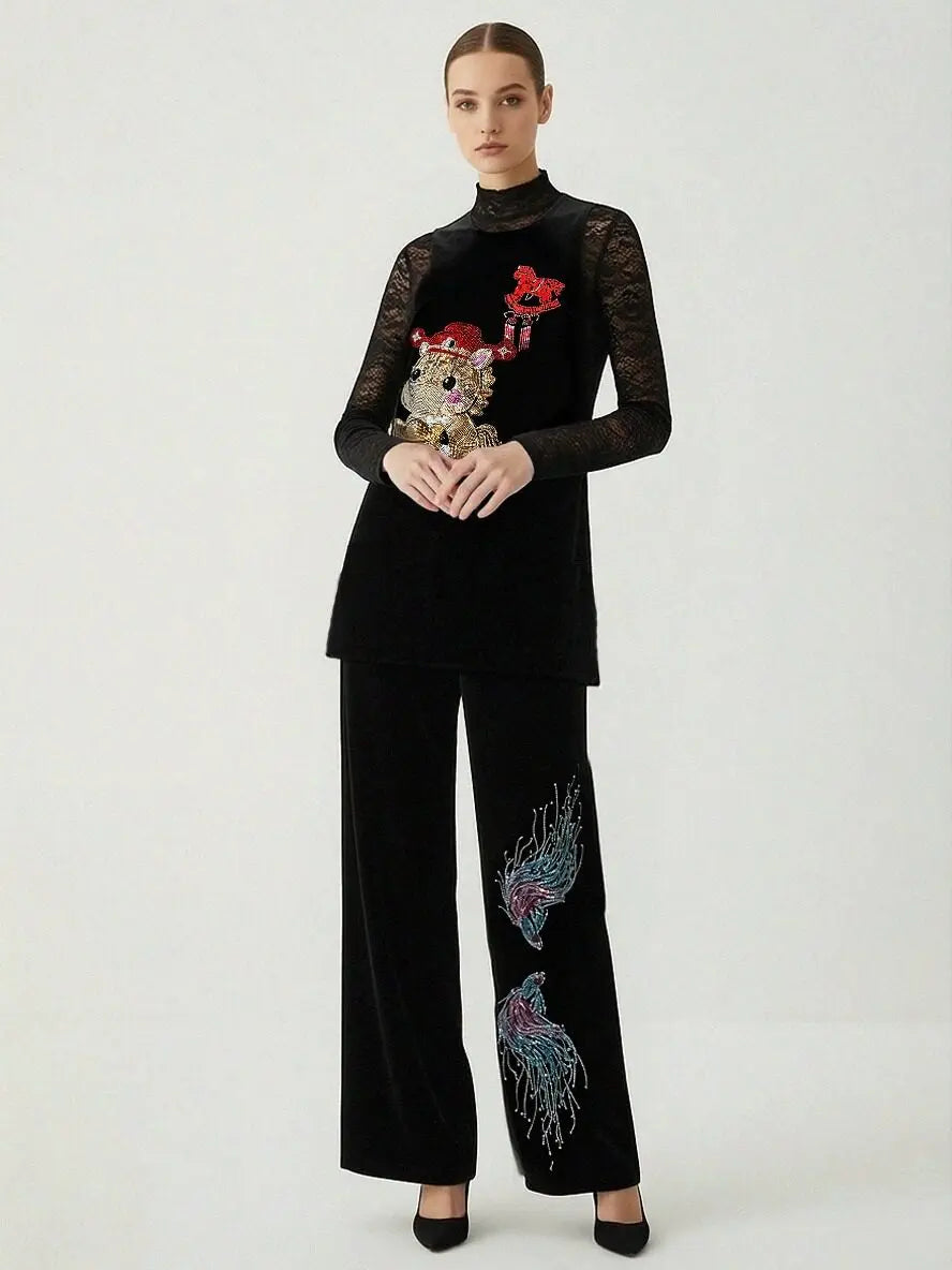 Black outfit with embroidered designs on a white background, TCH Black Vest Rhinestone Lucky Horse & Red Stitch Wooden Horse Design